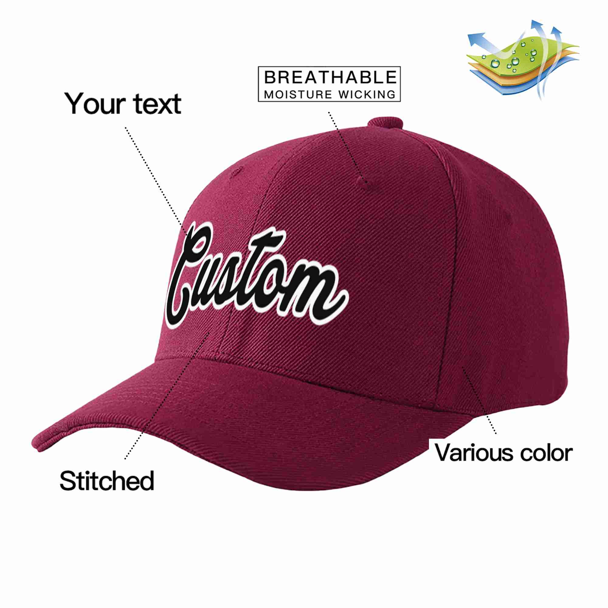 Custom Red Wine Black-White Curved Eaves Sport Baseball Cap Design for Men/Women/Youth