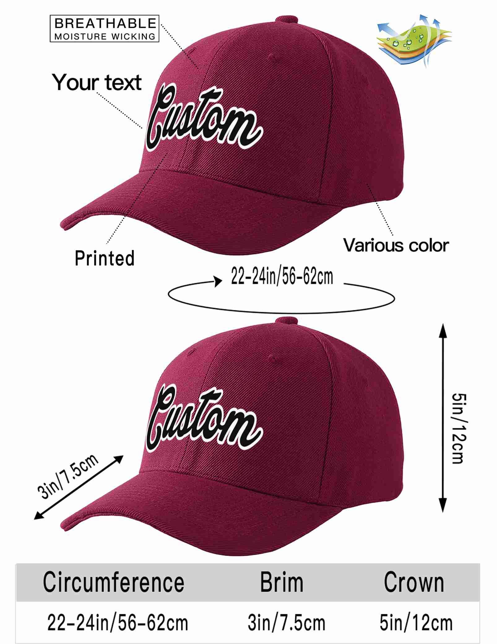 Custom Red Wine Black-White Curved Eaves Sport Baseball Cap Design for Men/Women/Youth