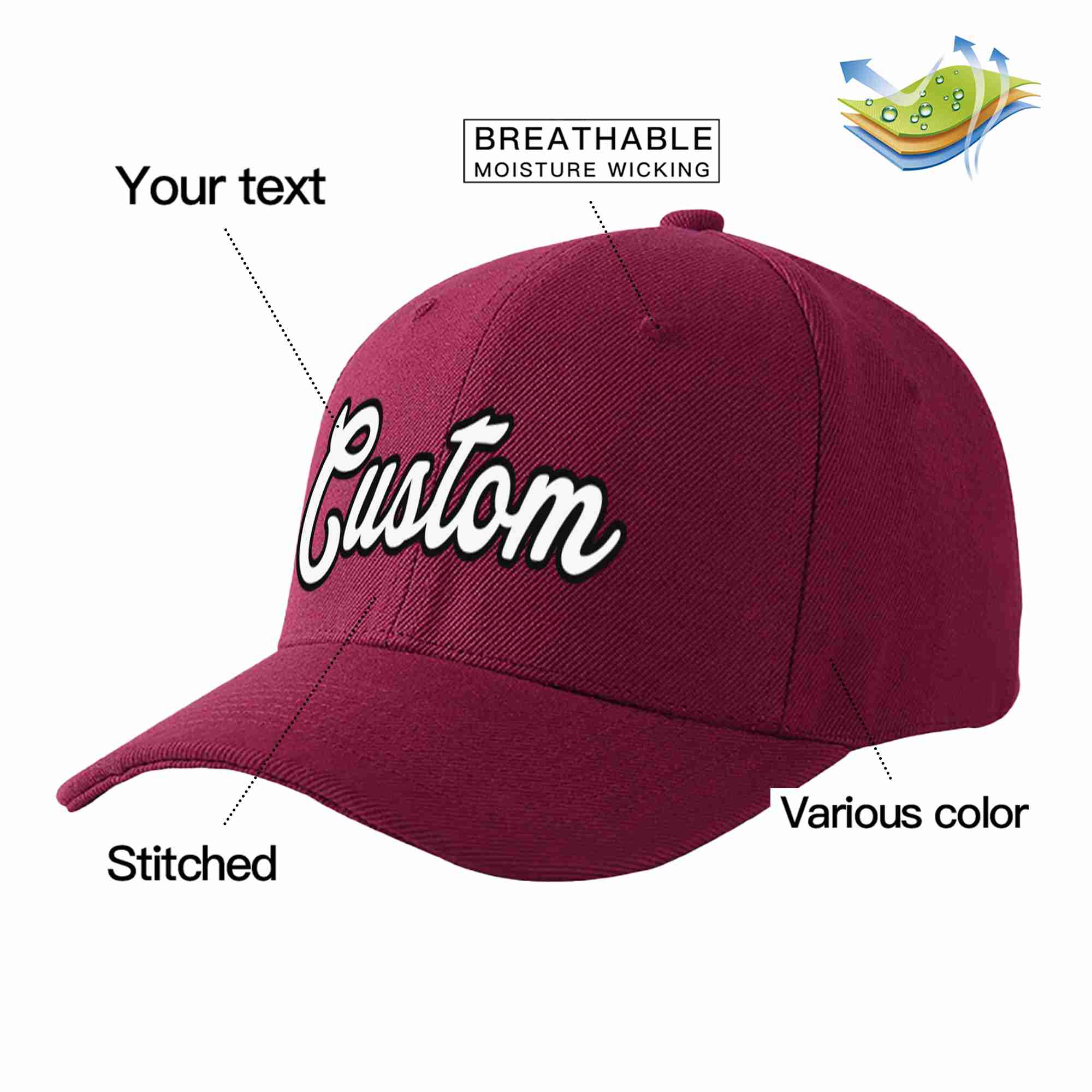 Conception personnalisée de casquette de baseball de sport incurvée blanc-noir de vin rouge pour hommes/femmes/jeunes