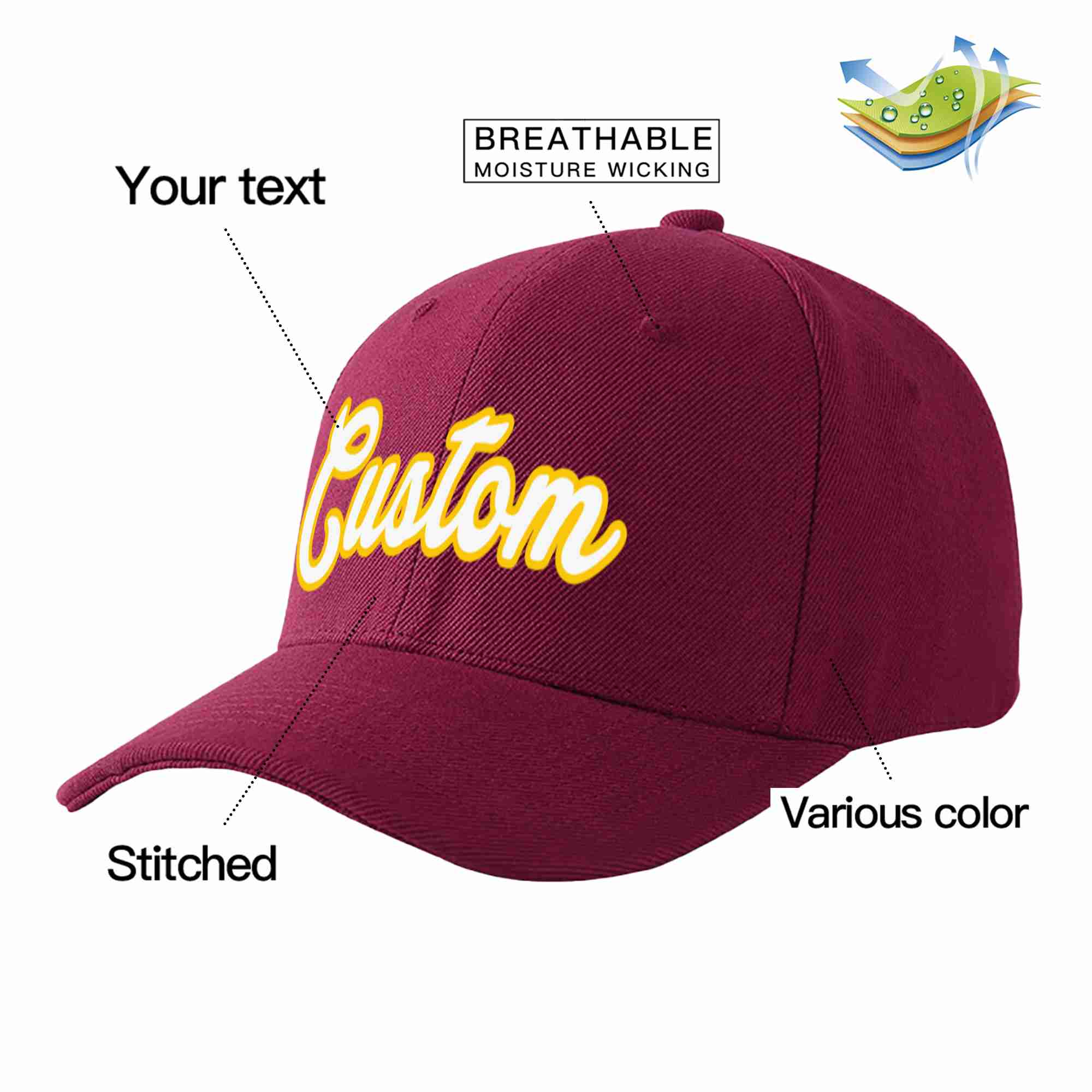 Conception personnalisée de casquette de baseball de sport incurvée d'avant-toit de vin rouge blanc-or pour les hommes/femmes/jeunes