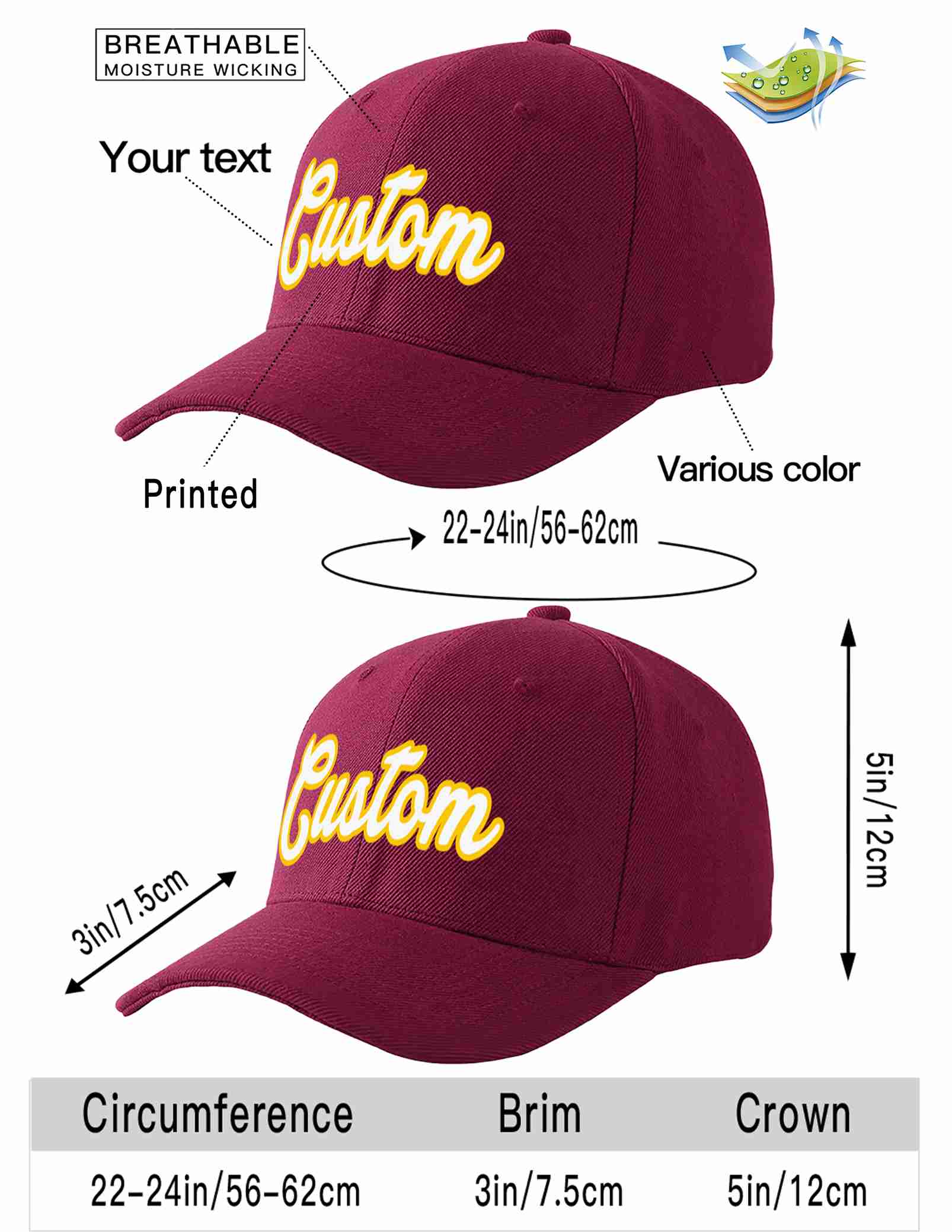 Conception personnalisée de casquette de baseball de sport incurvée d'avant-toit de vin rouge blanc-or pour les hommes/femmes/jeunes