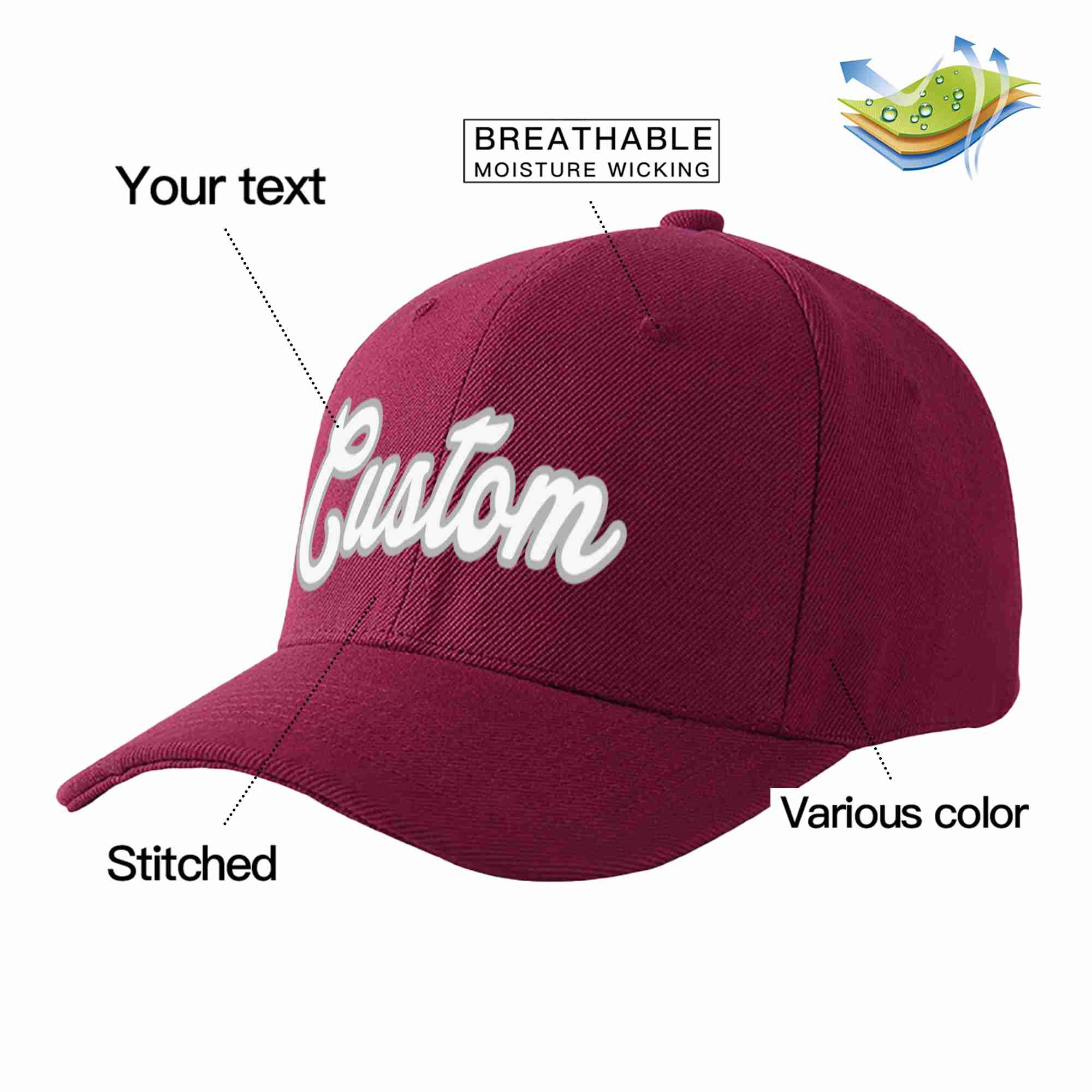 Conception personnalisée de casquette de baseball de sport à avant-toit incurvé blanc-gris de vin rouge pour hommes/femmes/jeunes