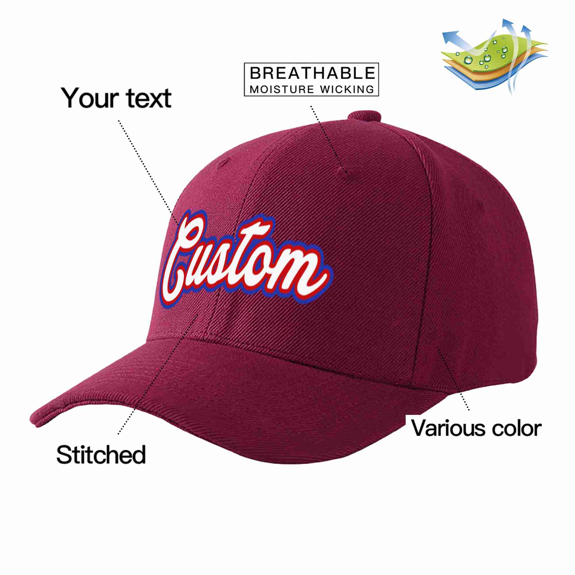 Conception personnalisée de casquette de baseball de sport à avant-toit incurvé blanc-rouge de vin rouge pour hommes/femmes/jeunes