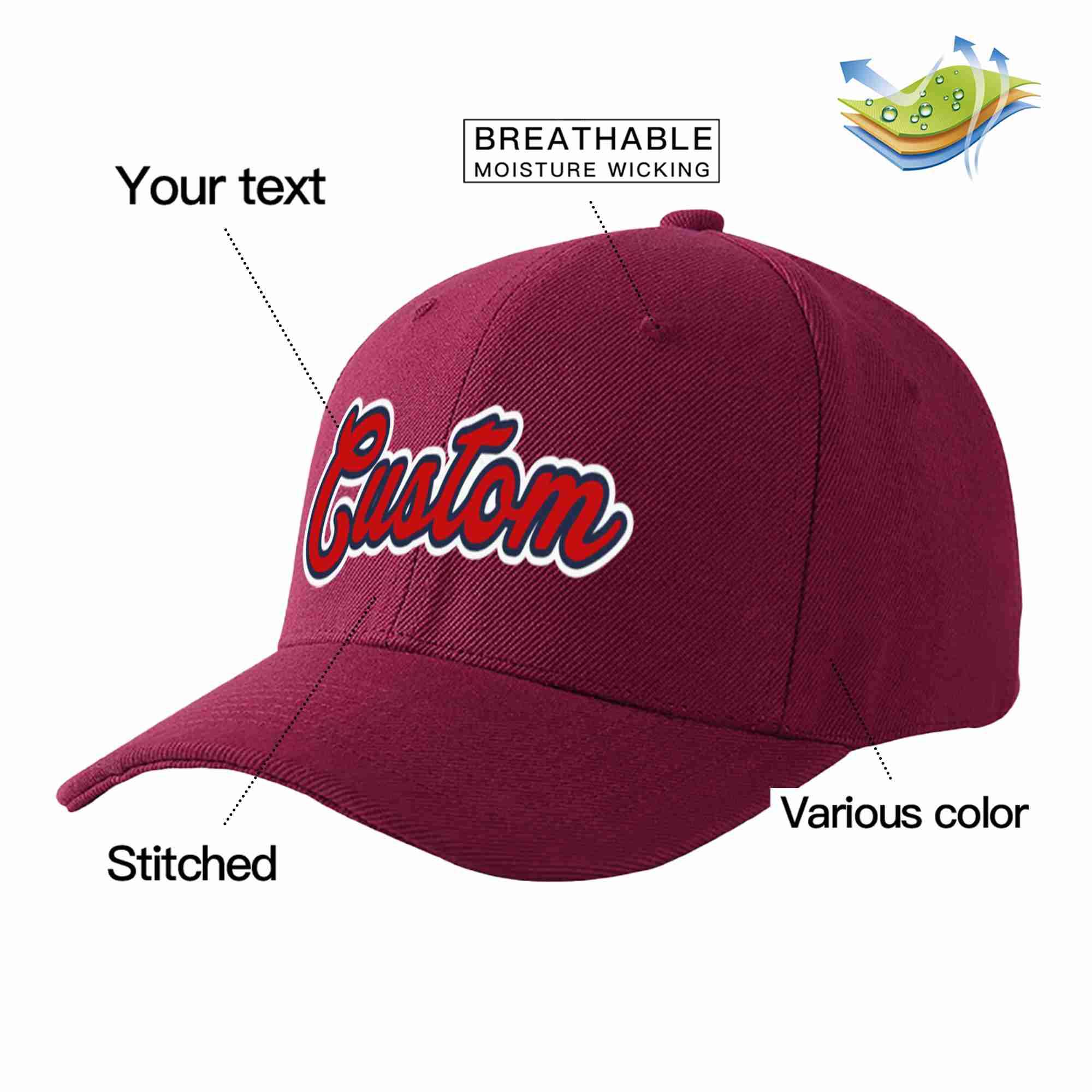 Conception personnalisée de casquette de baseball de sport à avant-toit incurvé rouge vin rouge-marine pour hommes/femmes/jeunes