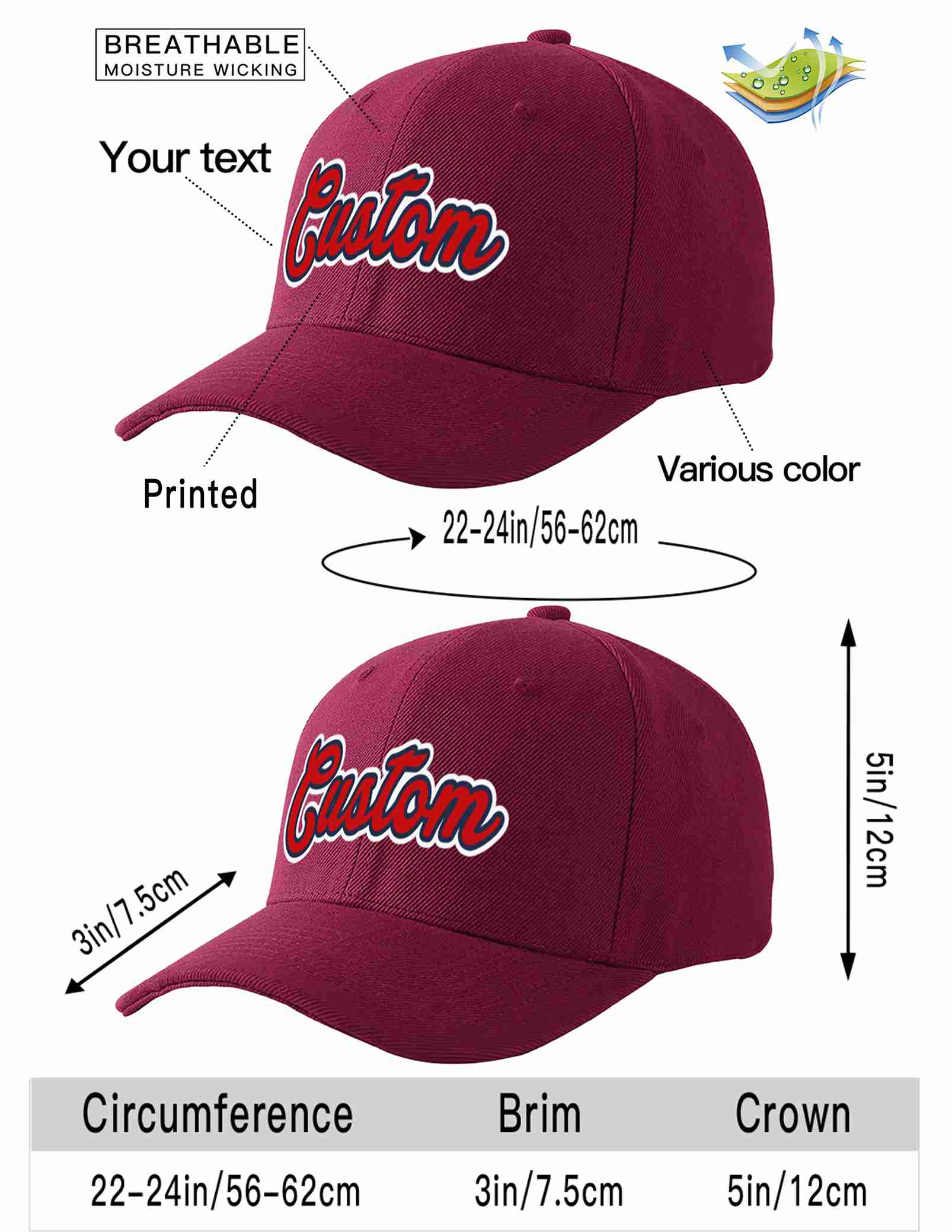 Conception personnalisée de casquette de baseball de sport à avant-toit incurvé rouge vin rouge-marine pour hommes/femmes/jeunes