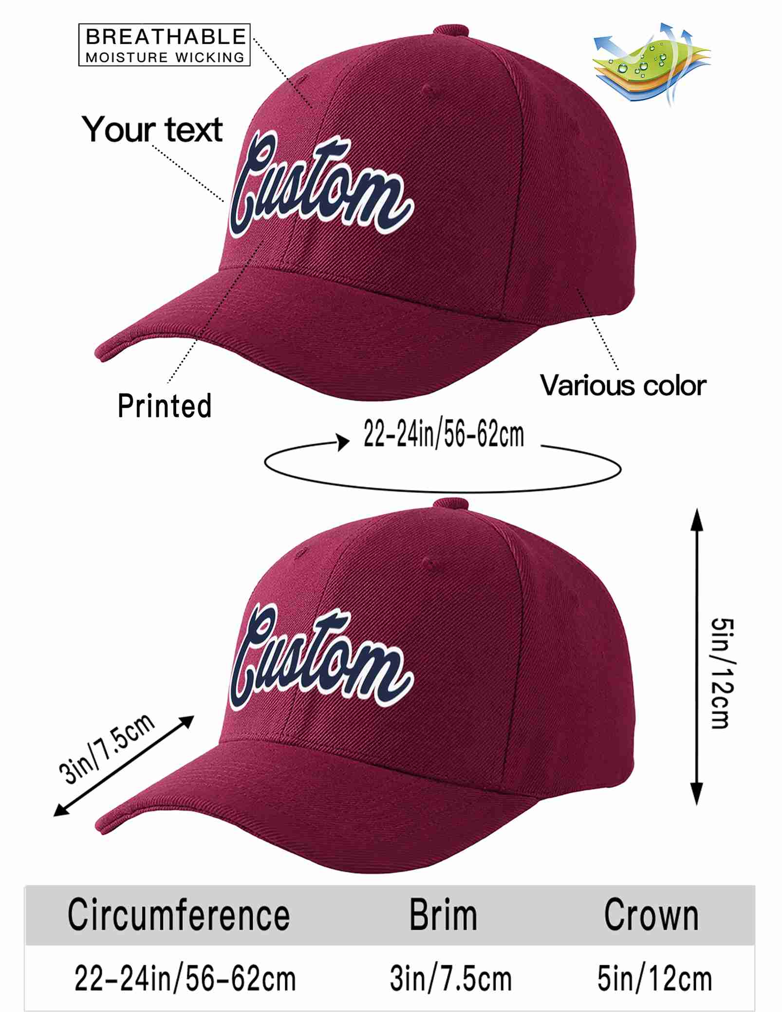 Custom Red Wine Navy-White Curved Eaves Sport Baseball Cap Design for Men/Women/Youth