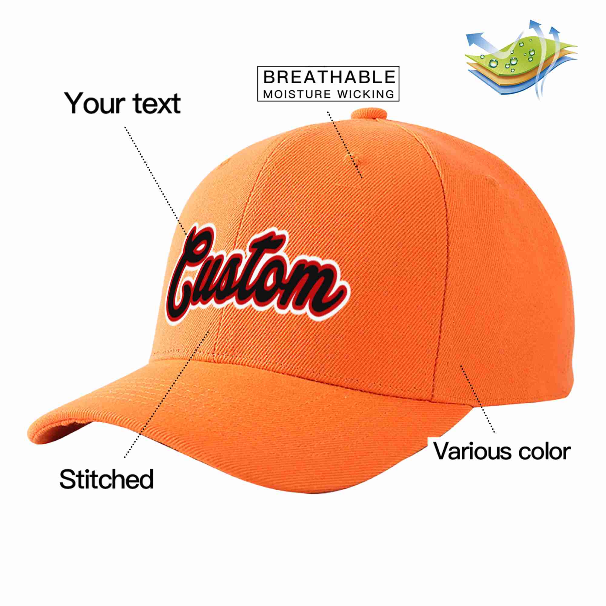 Custom Orange Black-Red Curved Eaves Sport Baseball Cap Design for Men/Women/Youth