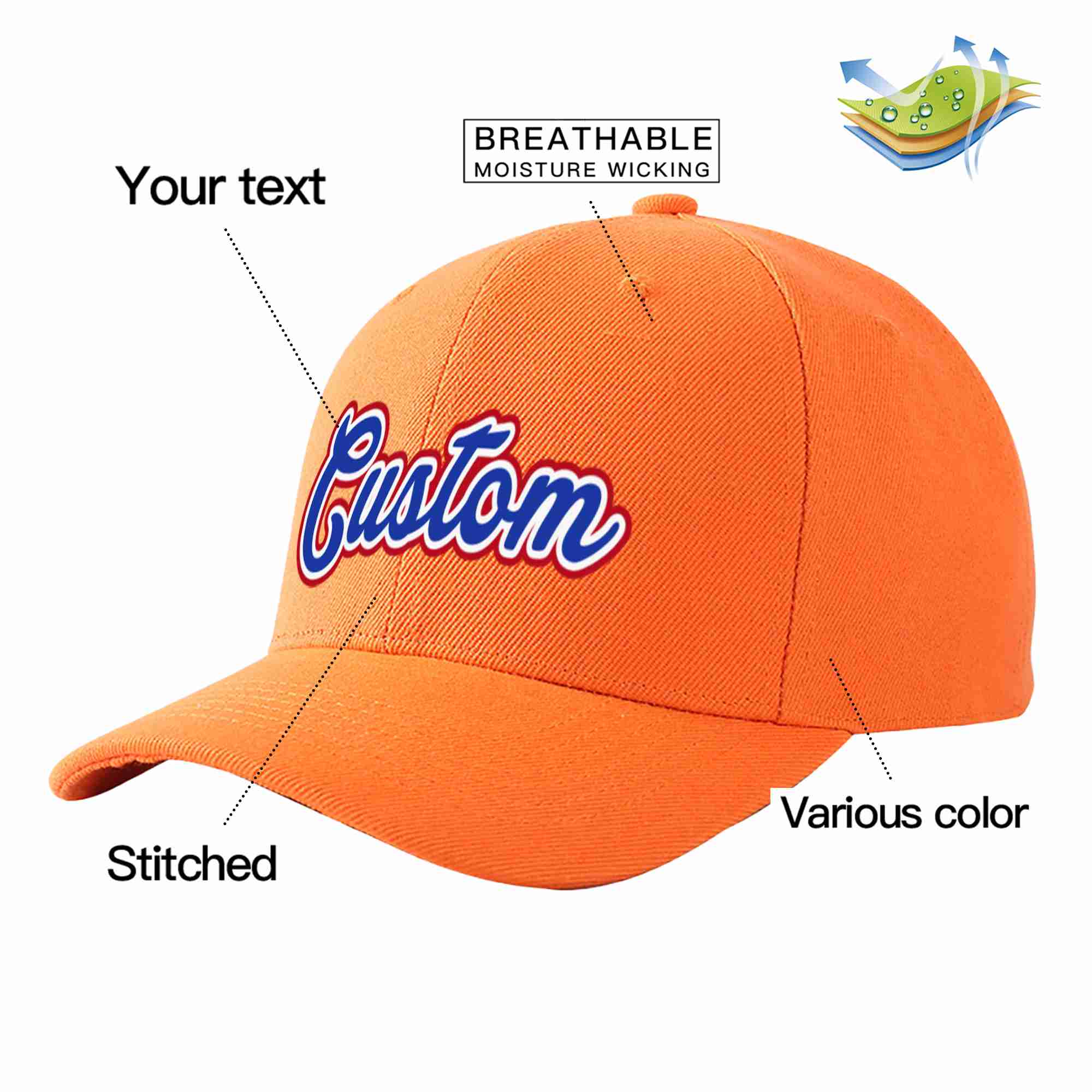 Custom Orange Royal-White Curved Eaves Sport Baseball Cap Design for Men/Women/Youth