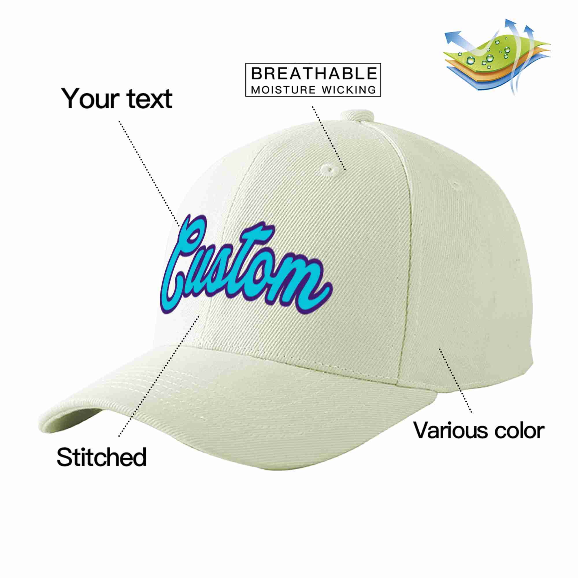 Custom Cream Light Blue-Purple Curved Eaves Sport Baseball Cap Design for Men/Women/Youth