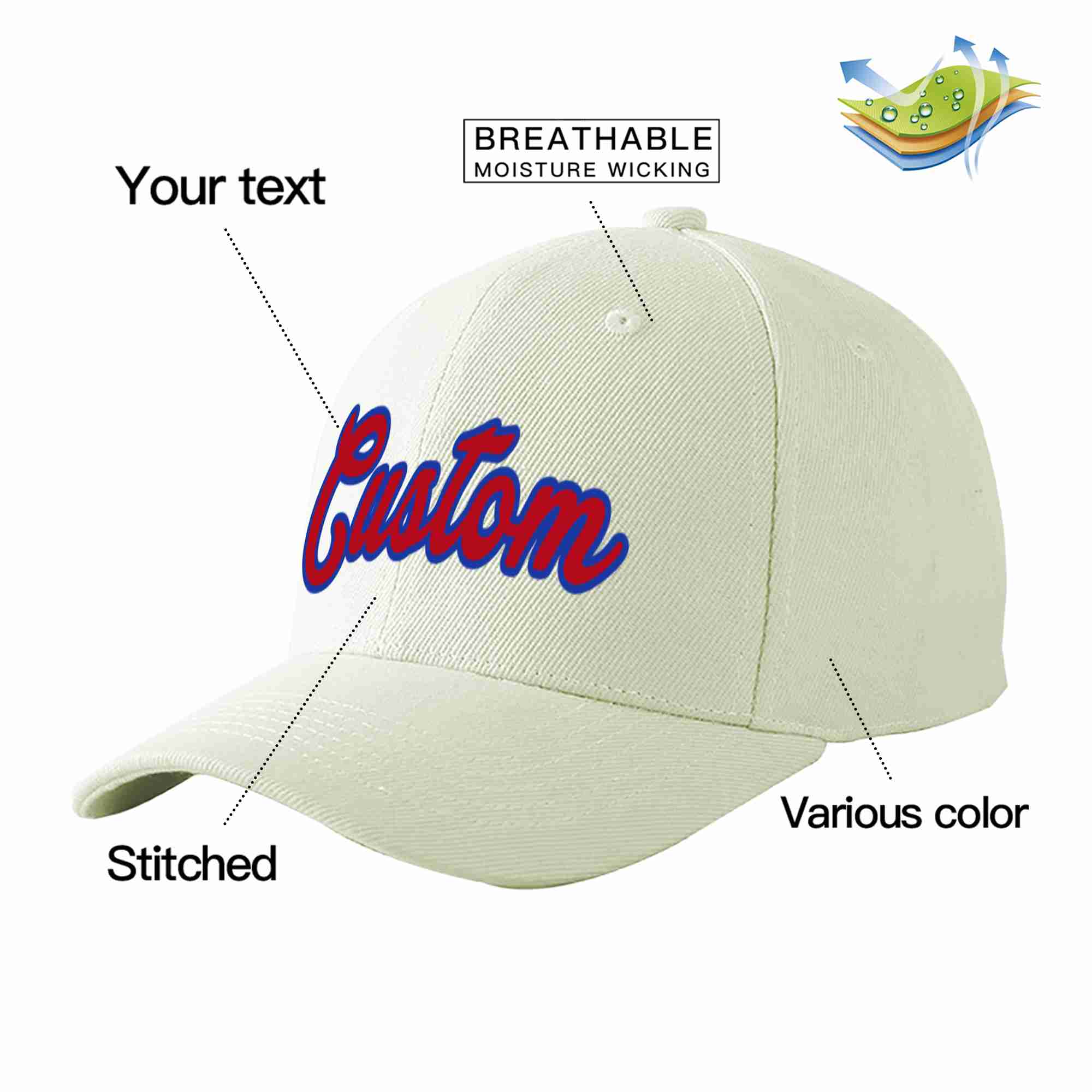 Custom Cream Red-Royal Curved Eaves Sport Baseball Cap Design for Men/Women/Youth