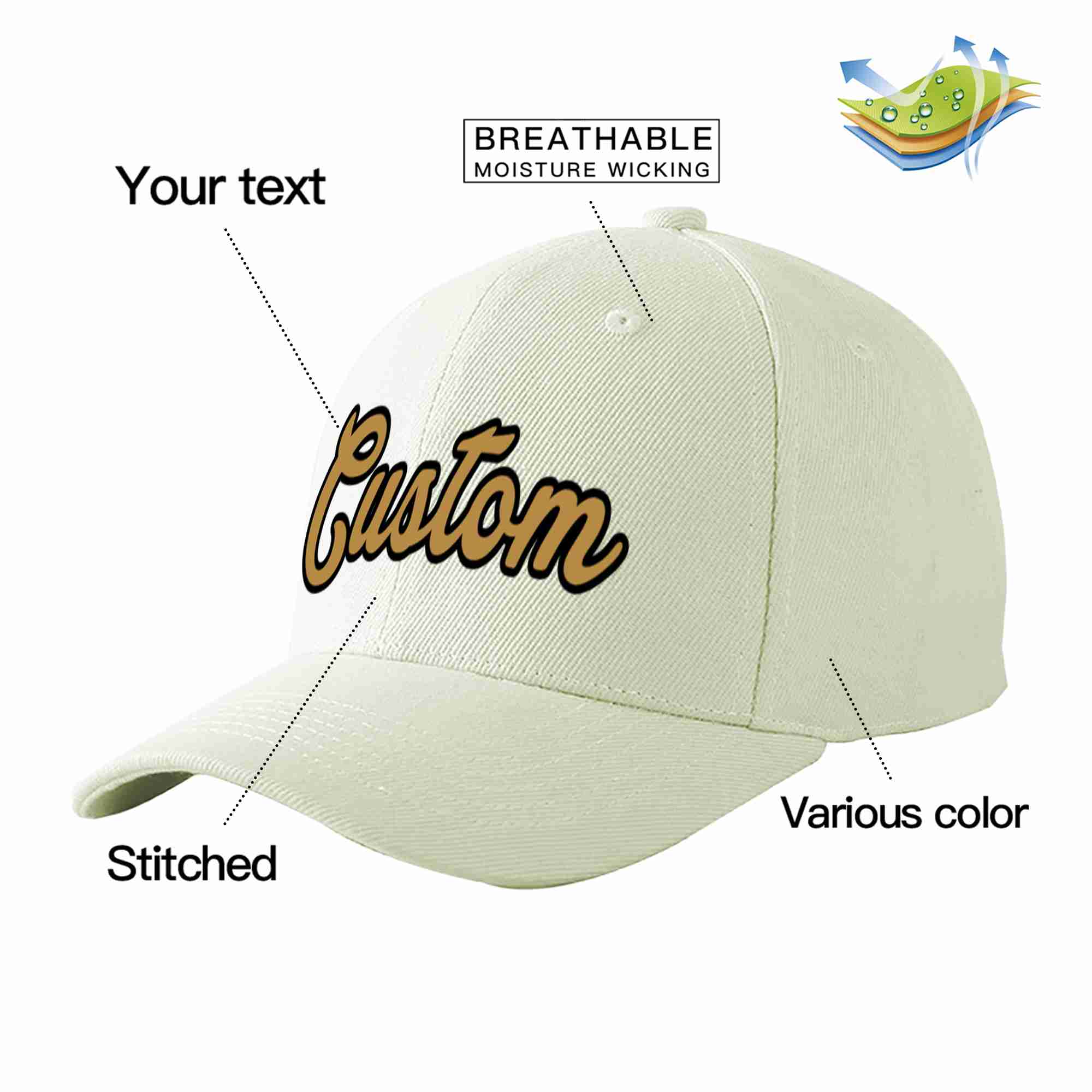 Custom Cream Old Gold-Black Curved Eaves Sport Baseball Cap Design for Men/Women/Youth