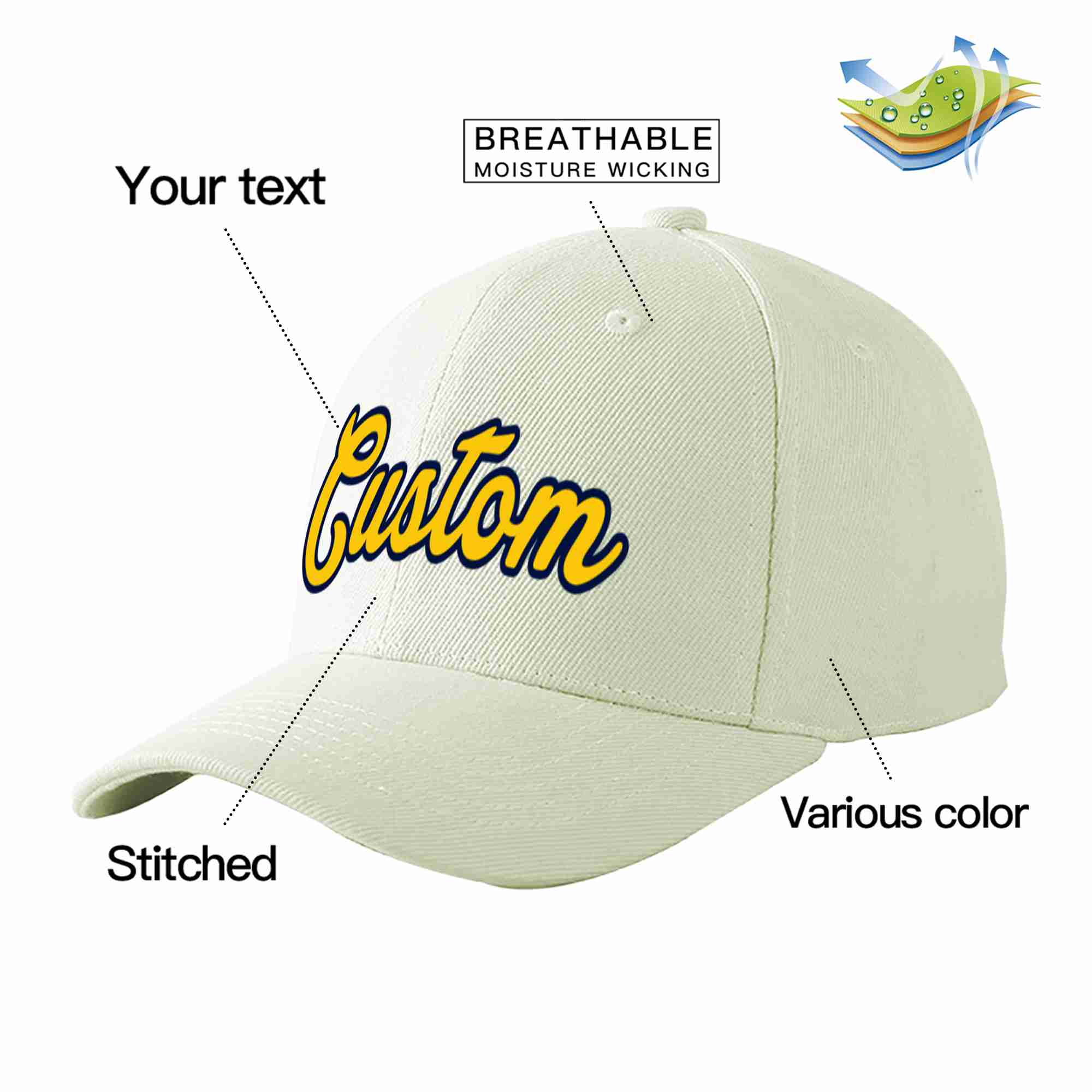 Custom Cream Gold-Navy Curved Eaves Sport Baseball Cap Design for Men/Women/Youth