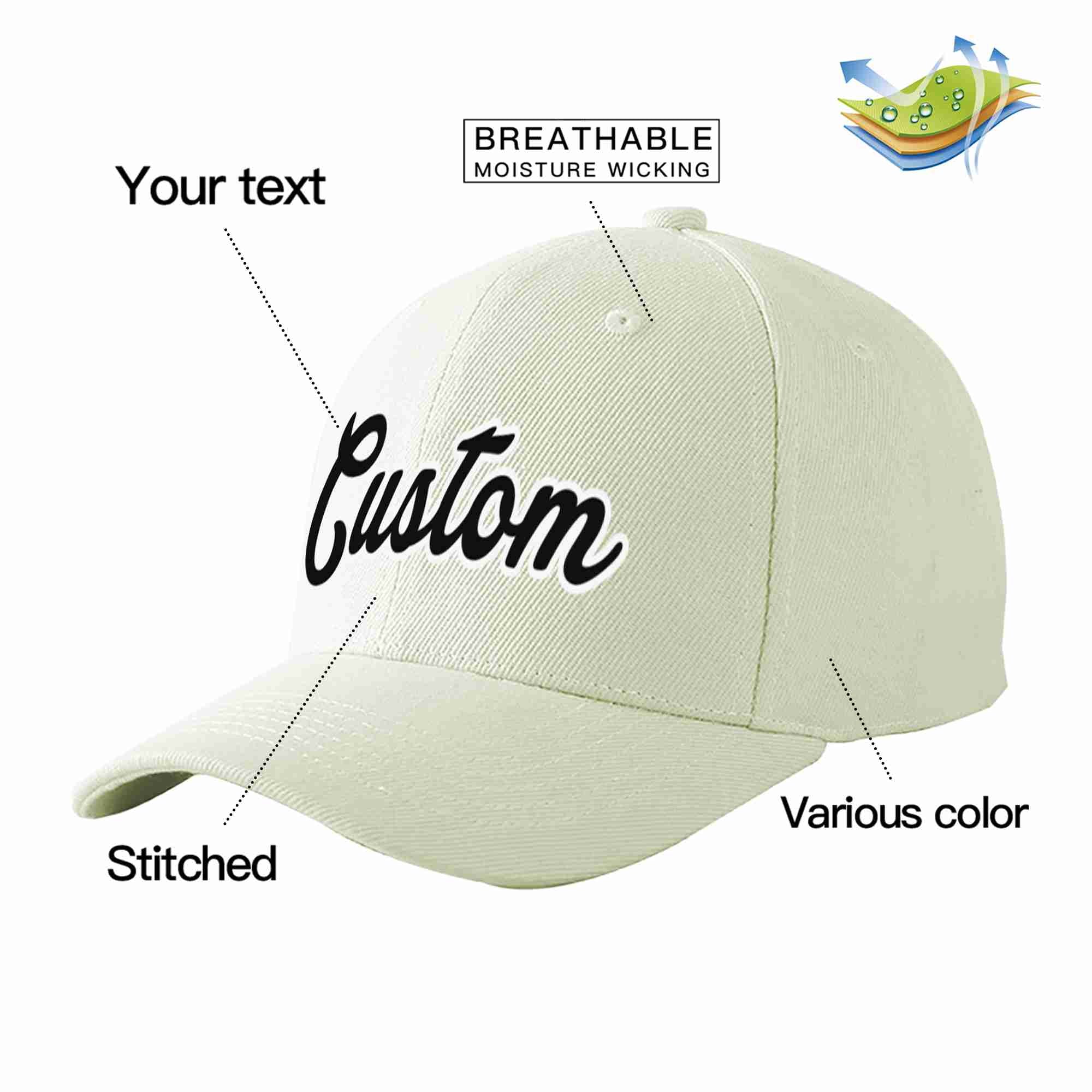 Custom Cream Black-White Curved Eaves Sport Baseball Cap Design for Men/Women/Youth