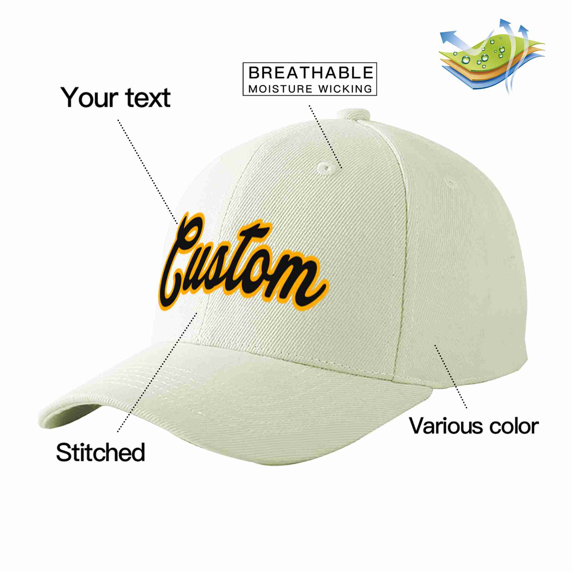 Custom Cream Black-Yellow Curved Eaves Sport Baseball Cap Design for Men/Women/Youth