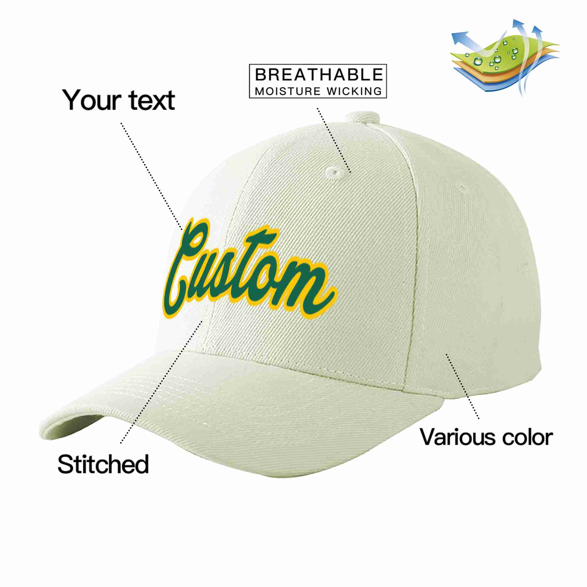 Custom Cream Kelly Green-Gold Curved Eaves Sport Baseball Cap Design for Men/Women/Youth