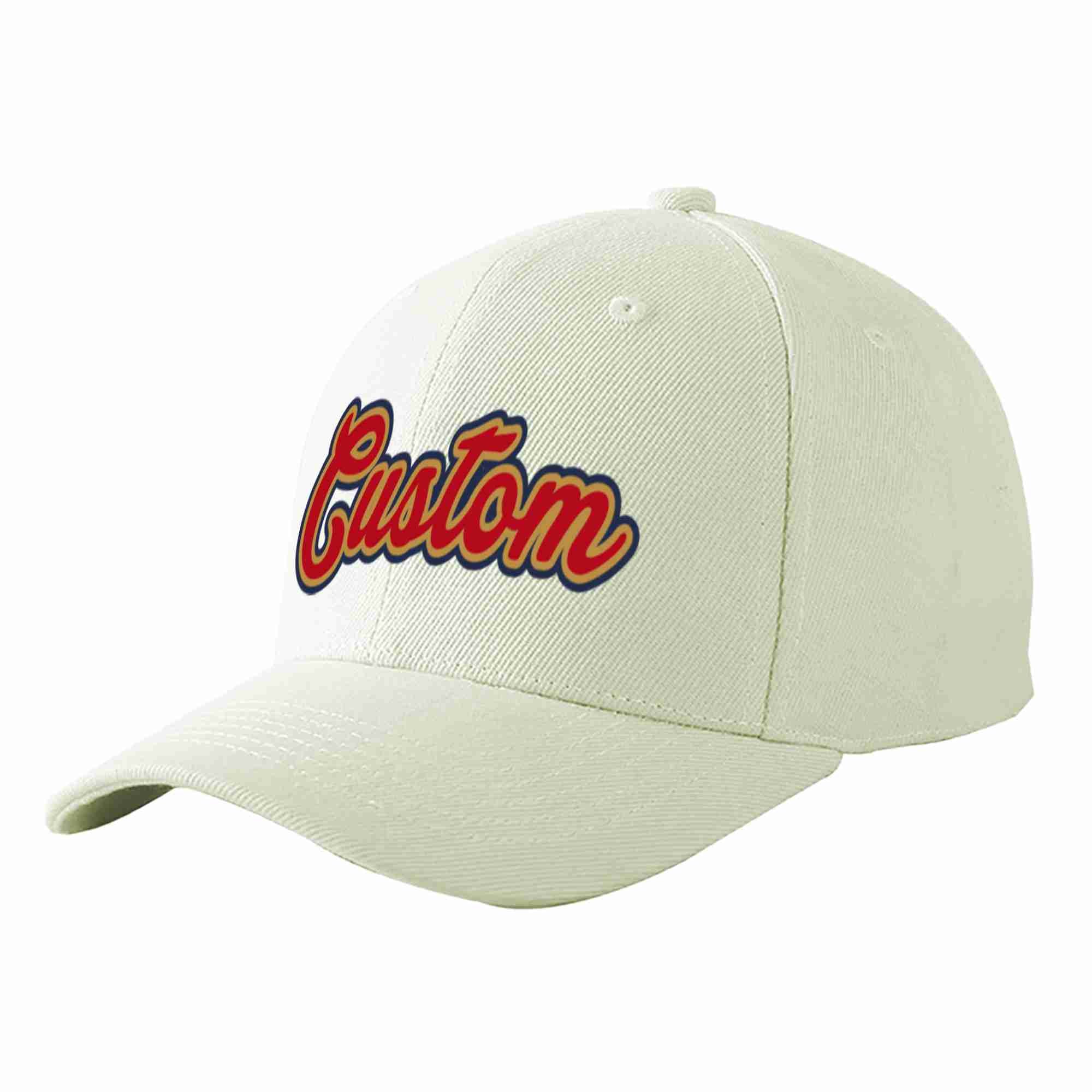 Conception personnalisée de casquette de baseball de sport à avant-toit incurvé rouge-vieil or crème pour hommes/femmes/jeunes