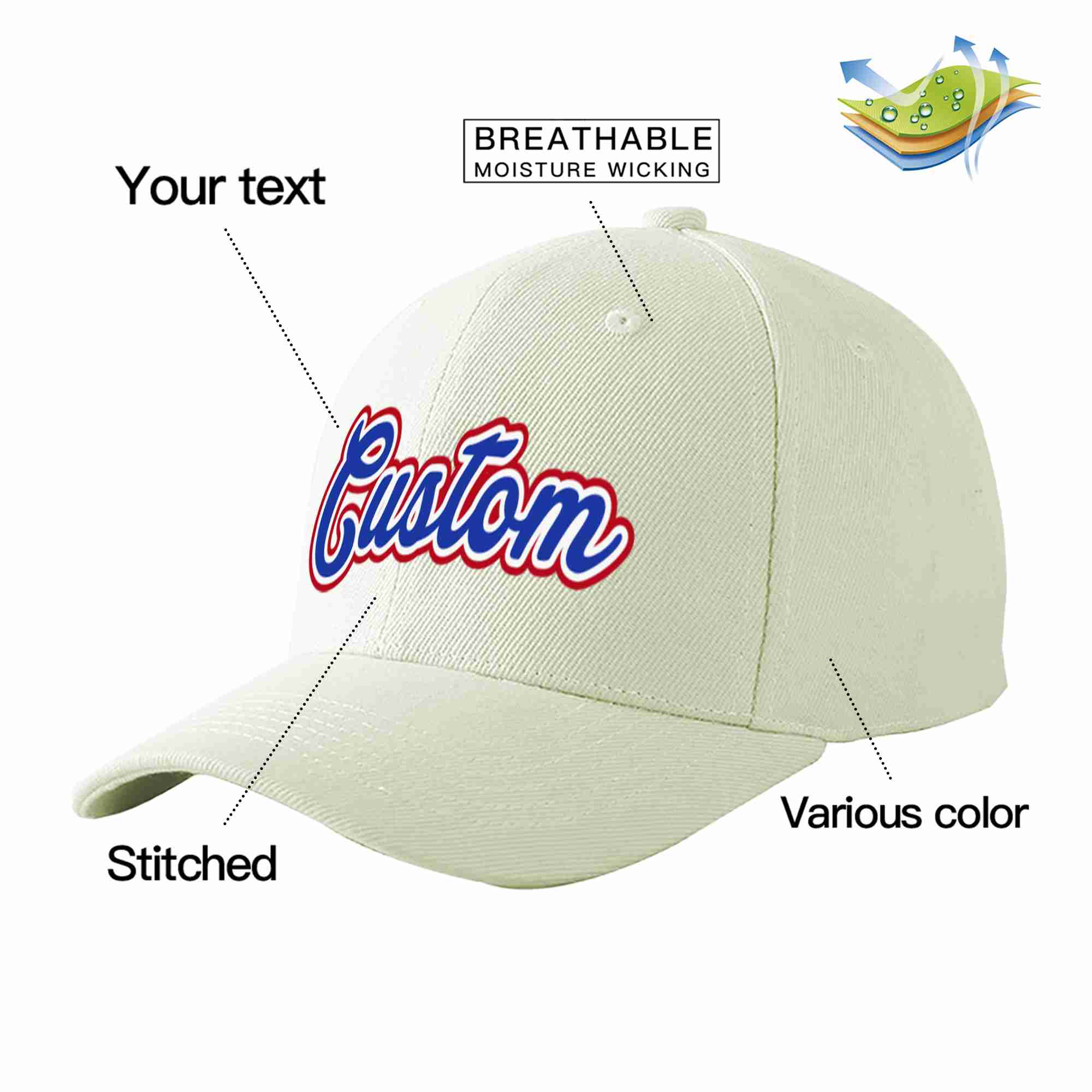 Custom Cream Royal-White Curved Eaves Sport Baseball Cap Design for Men/Women/Youth