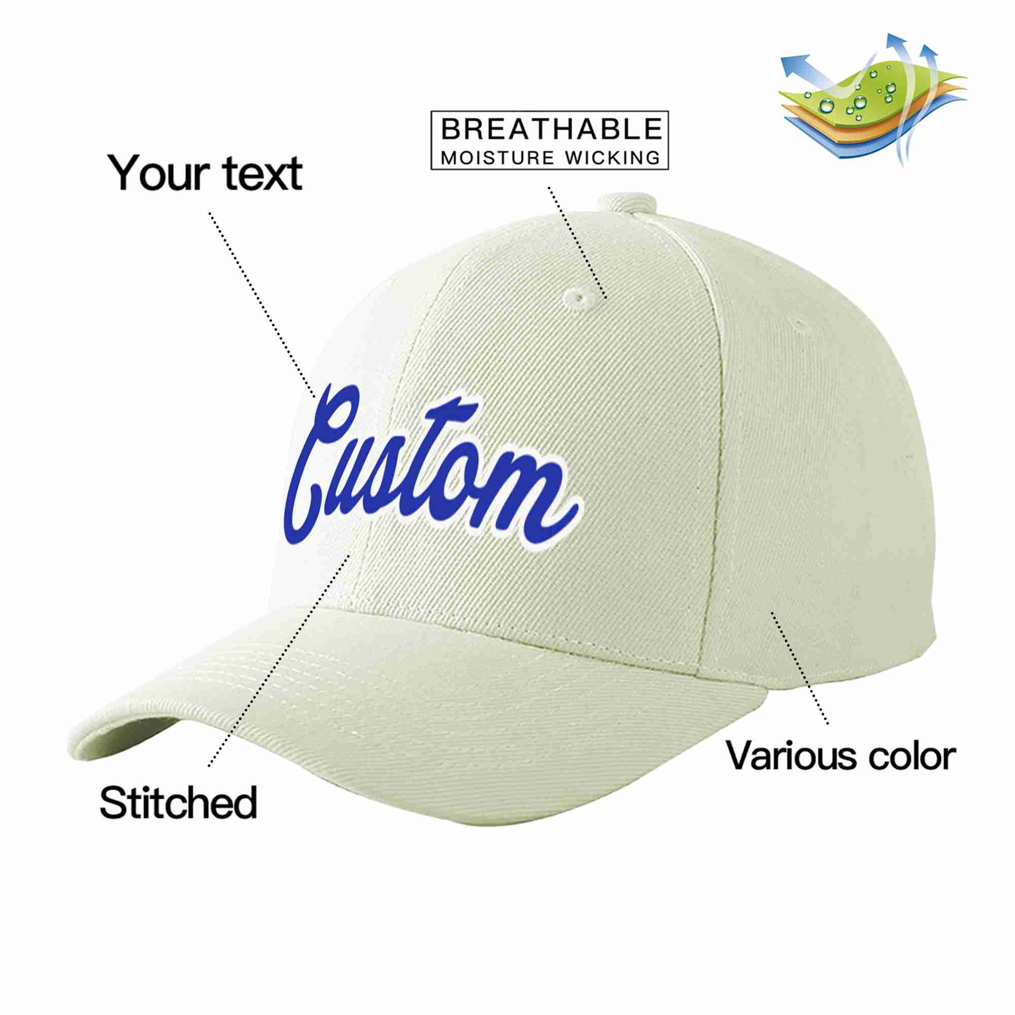 Conception personnalisée de casquette de baseball de sport incurvée blanc royal-blanc crème pour hommes/femmes/jeunes