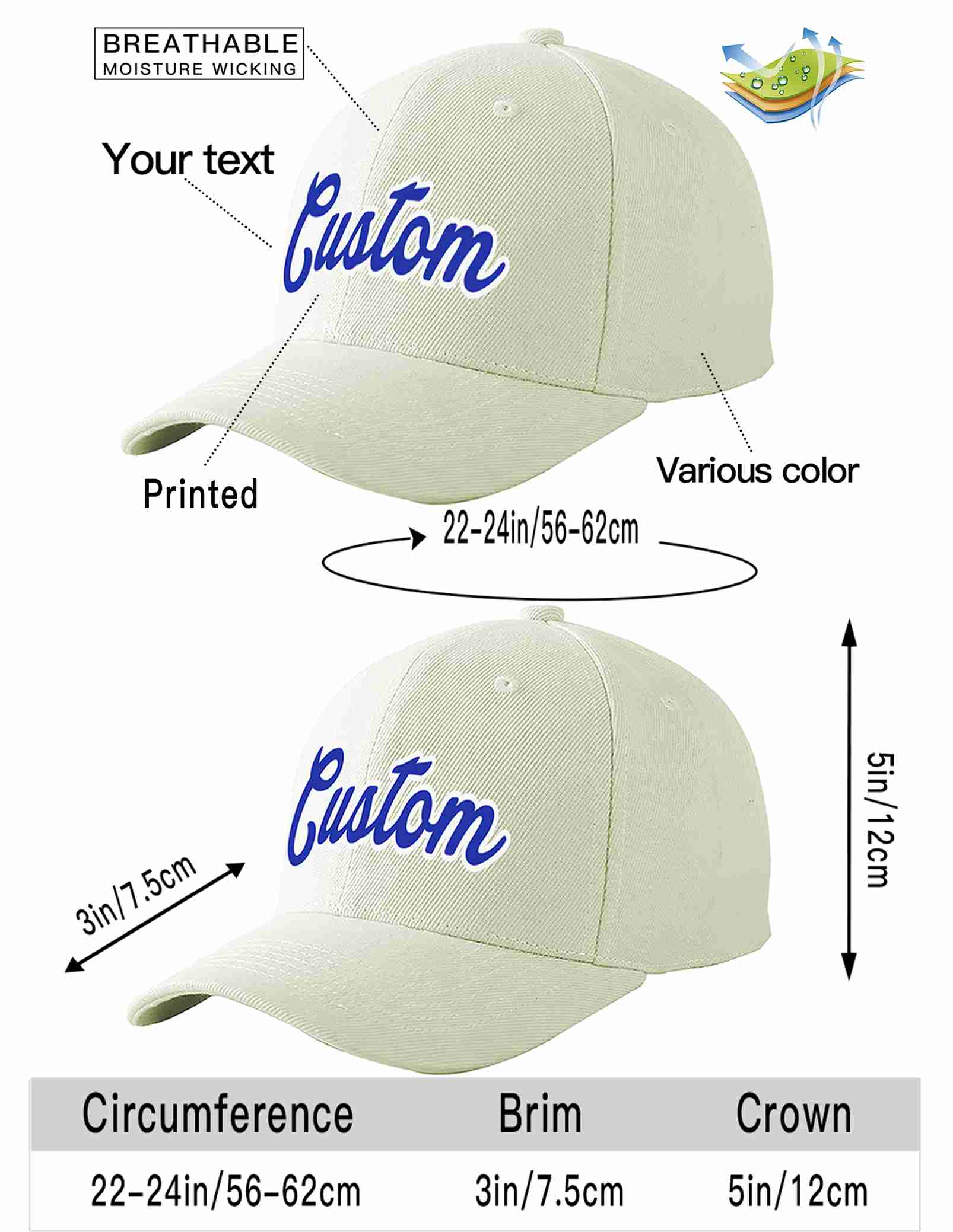 Custom Cream Royal-White Curved Eaves Sport Baseball Cap Design for Men/Women/Youth