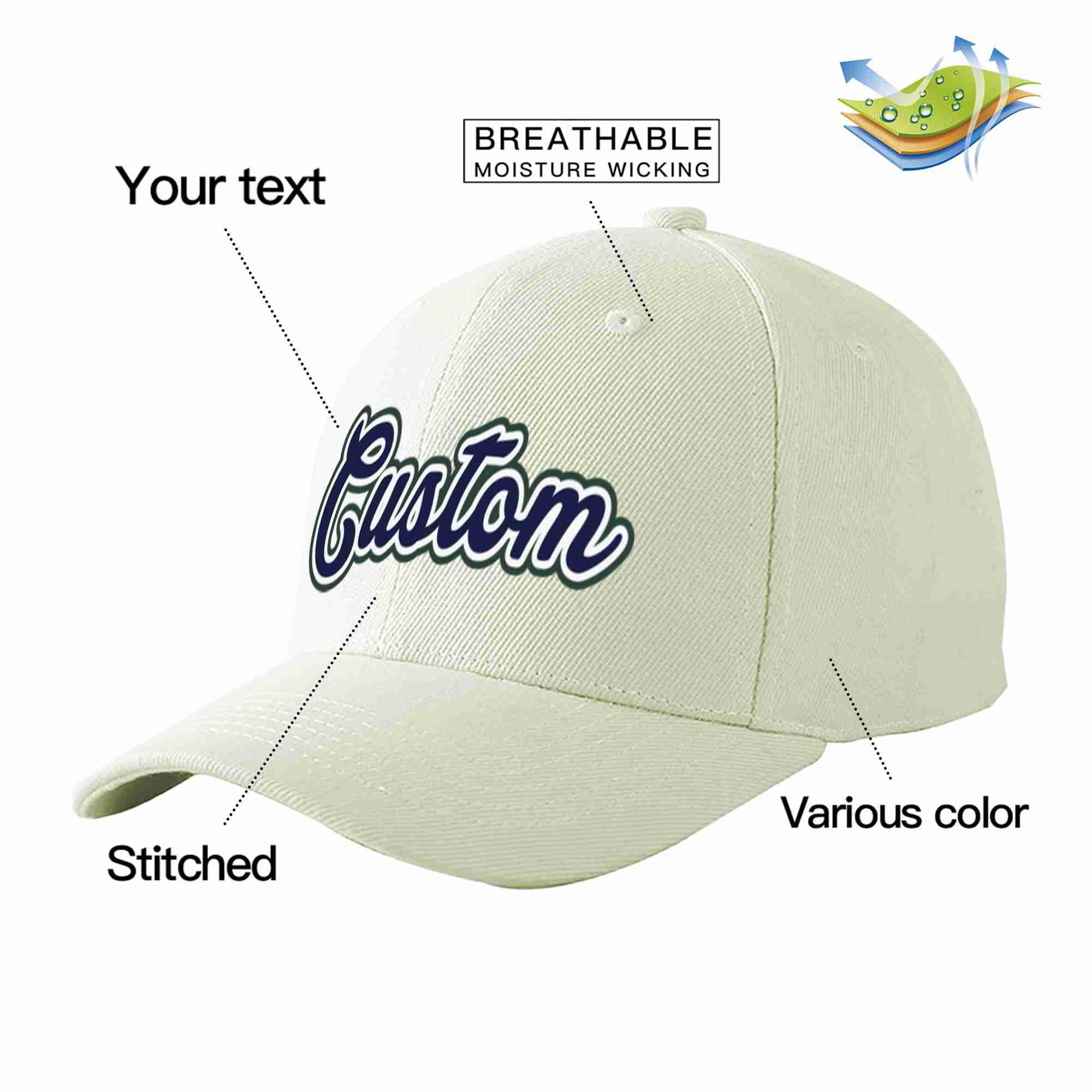 Custom Cream Navy-White Curved Eaves Sport Baseball Cap Design for Men/Women/Youth