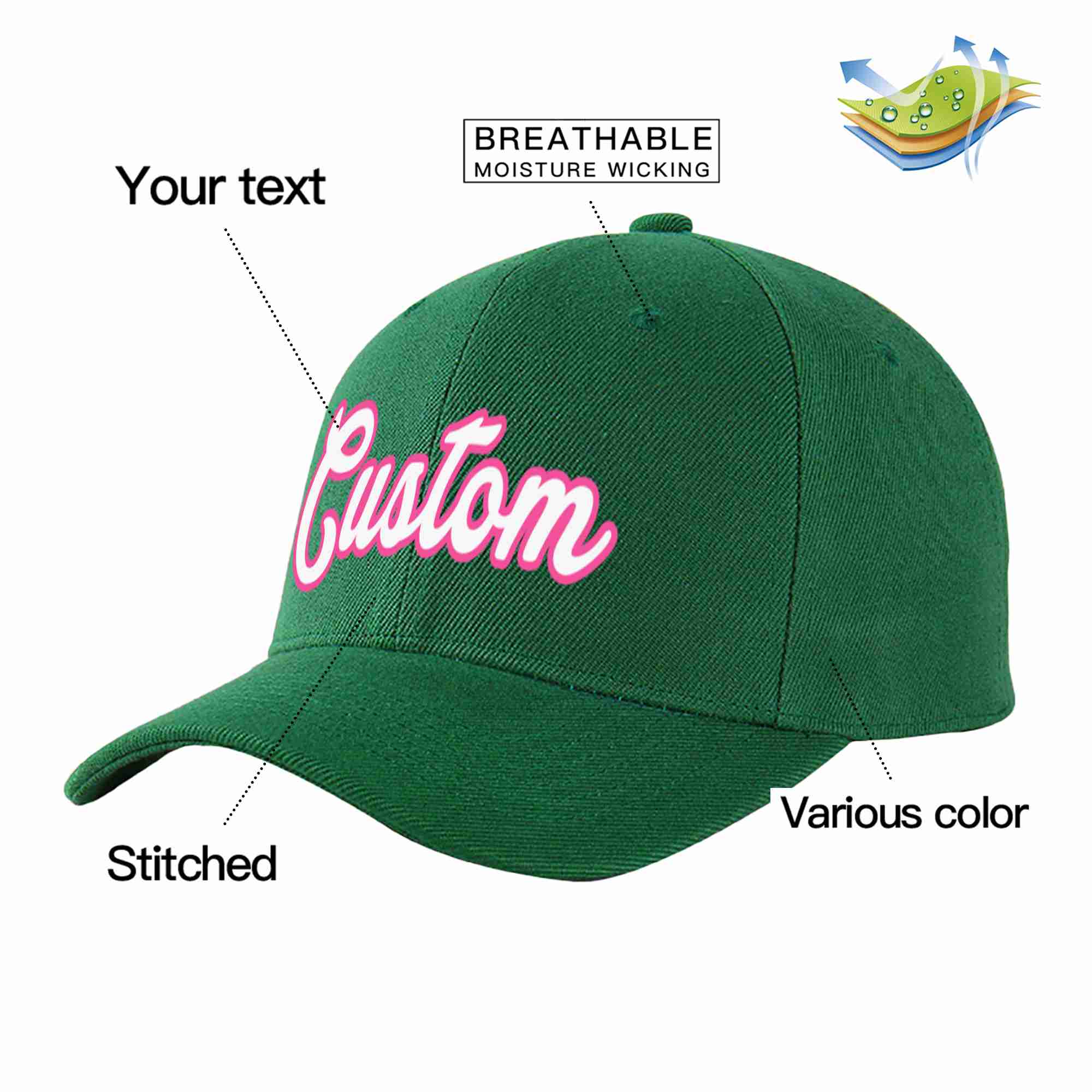 Custom Green White-Pink Curved Eaves Sport Baseball Cap Design for Men/Women/Youth