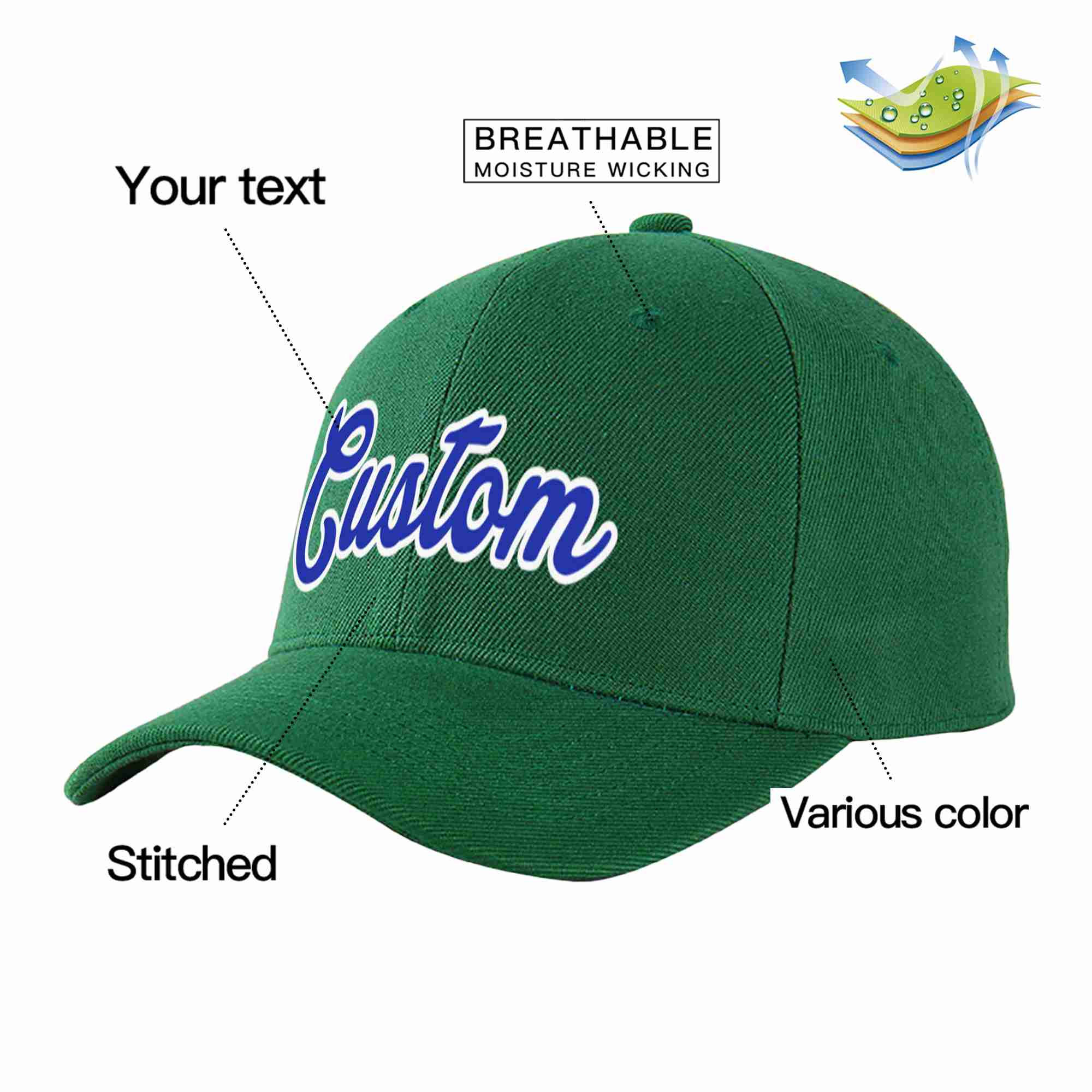 Custom Green Royal-White Curved Eaves Sport Baseball Cap Design for Men/Women/Youth