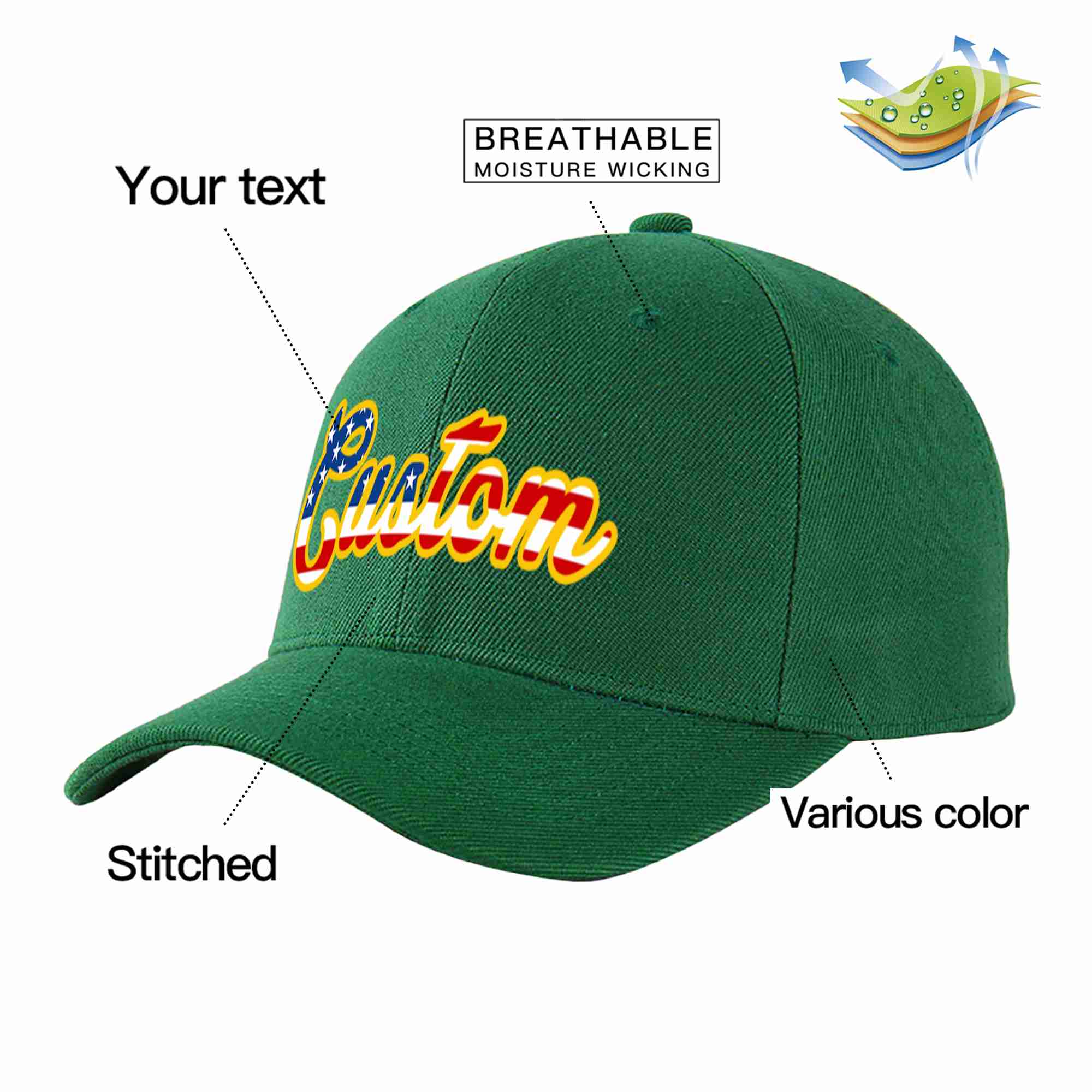 Custom Green Vintage USA Flag-Gold Curved Eaves Sport Baseball Cap Design for Men/Women/Youth