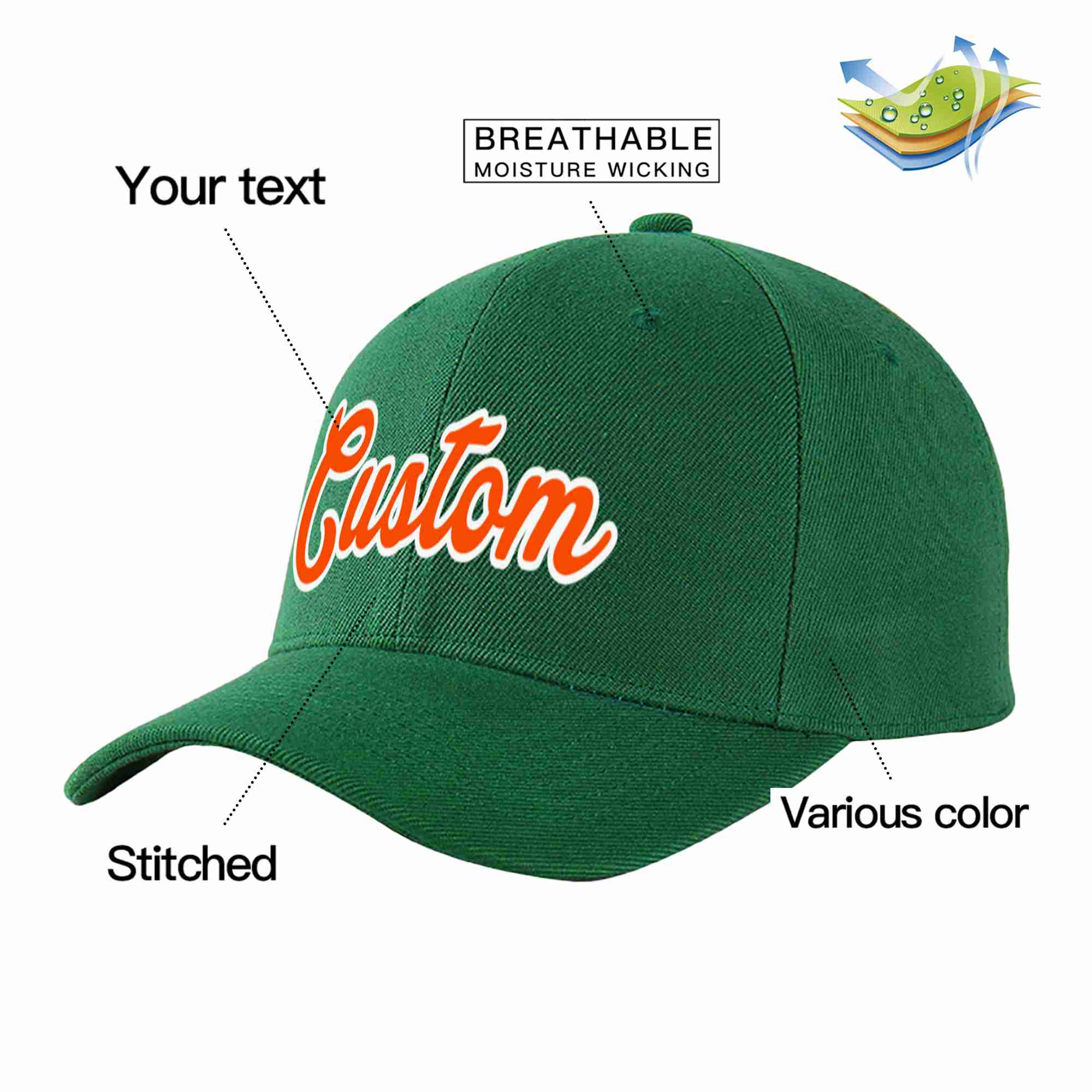 Conception personnalisée de casquette de baseball de sport incurvée vert orange-blanc pour hommes/femmes/jeunes