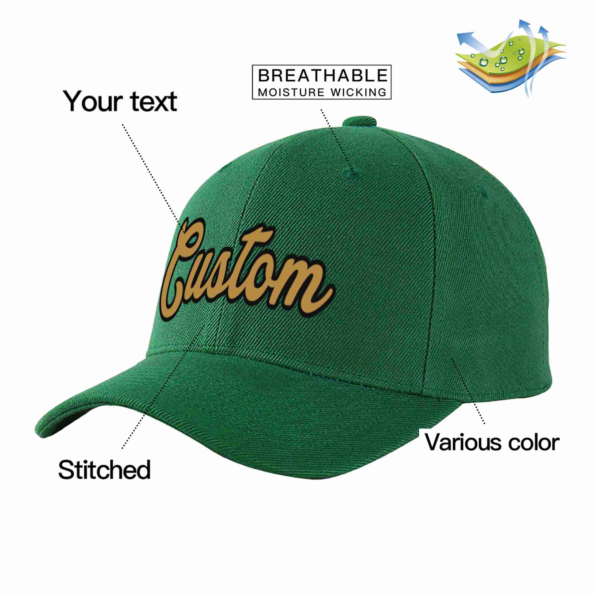 Conception personnalisée de casquette de baseball de sport à avant-toit incurvé vert vieux or-noir pour hommes/femmes/jeunes