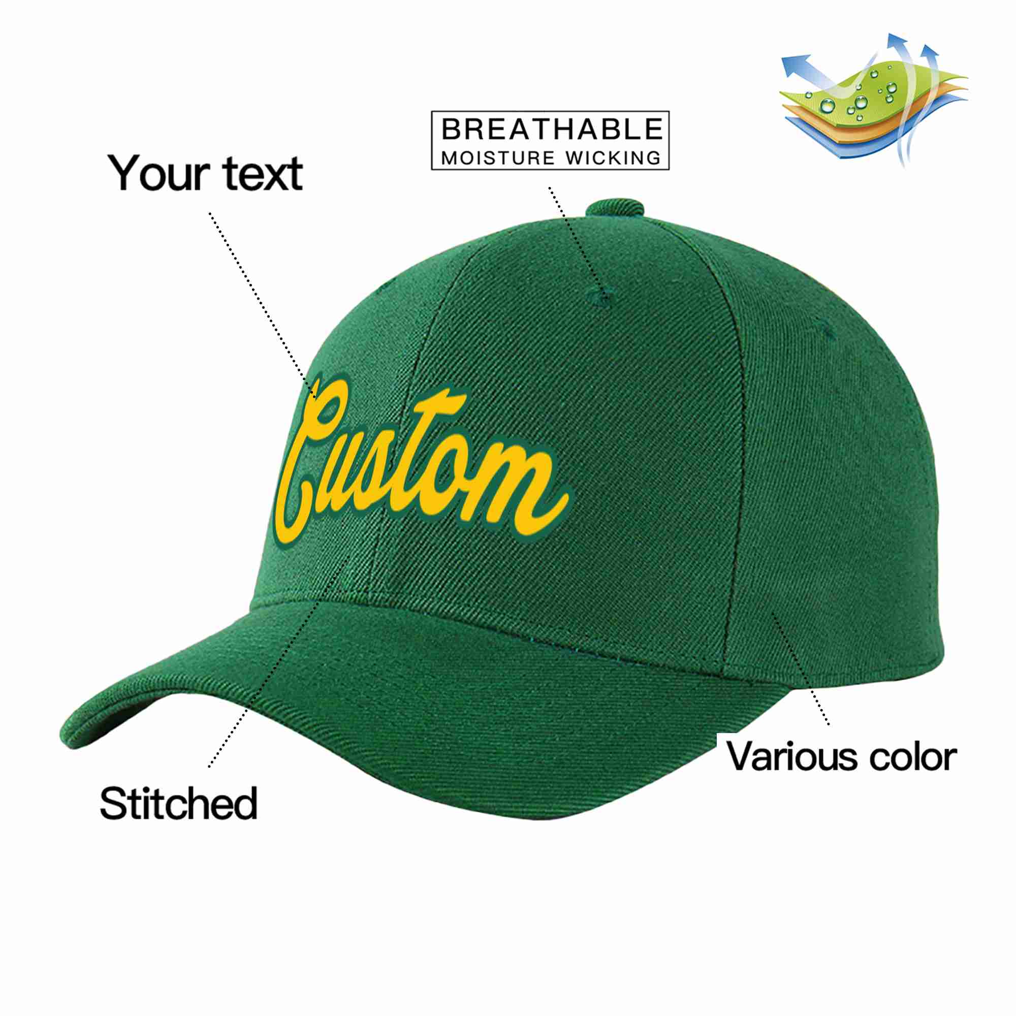 Conception personnalisée de casquette de baseball de sport à avant-toit incurvé vert Gold-Kelly Green pour hommes/femmes/jeunes