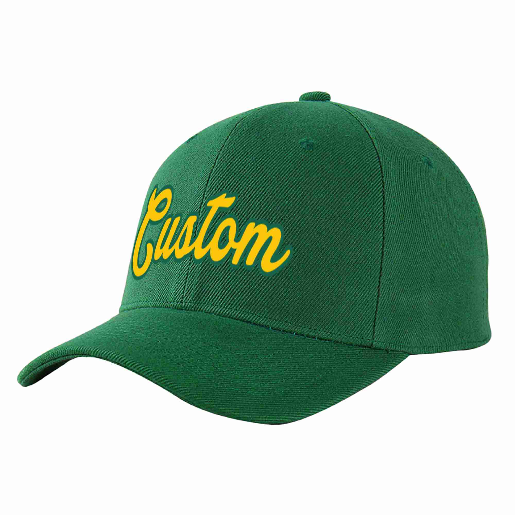 Conception personnalisée de casquette de baseball de sport à avant-toit incurvé vert Gold-Kelly Green pour hommes/femmes/jeunes