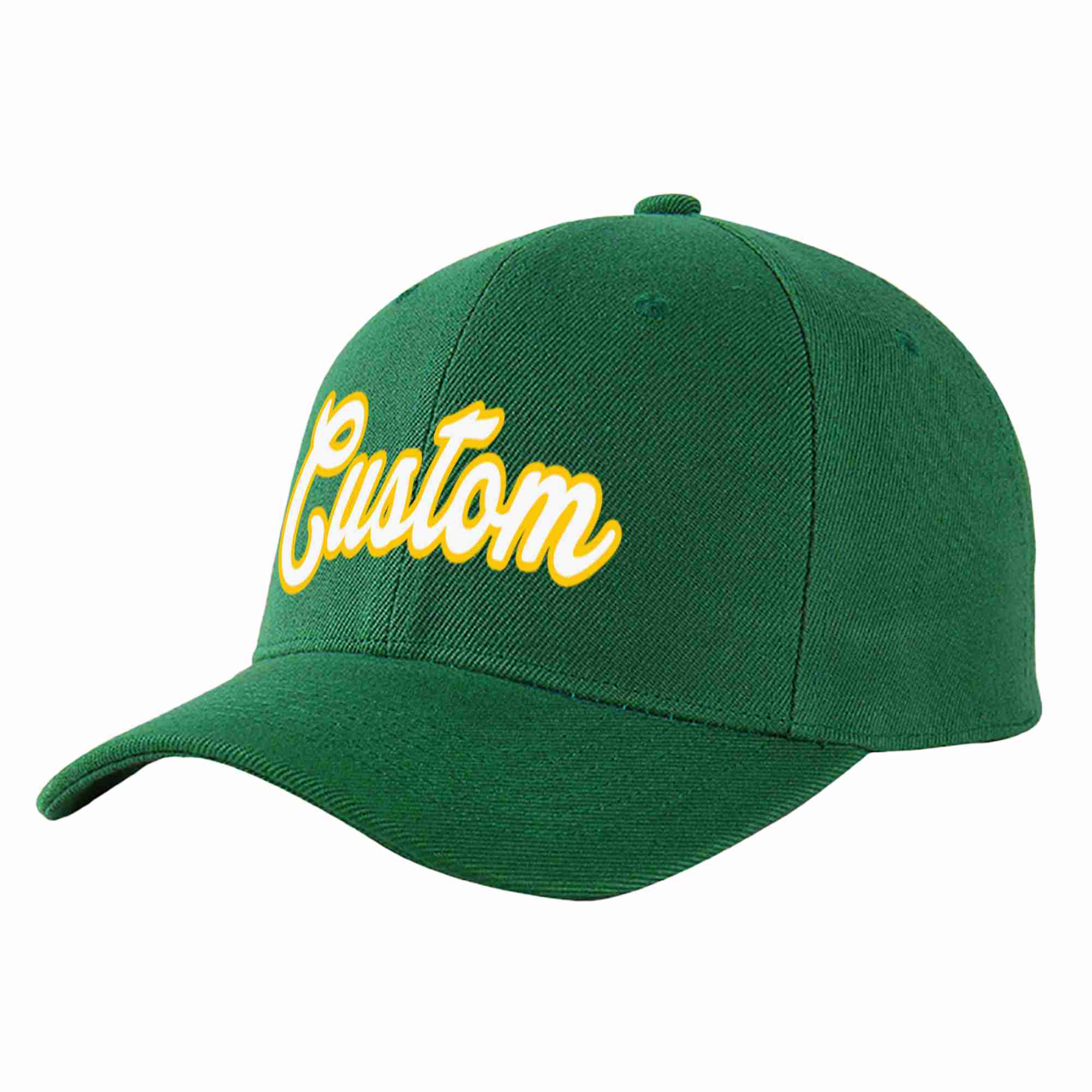 Conception personnalisée de casquette de baseball de sport incurvée vert blanc-or pour hommes/femmes/jeunes