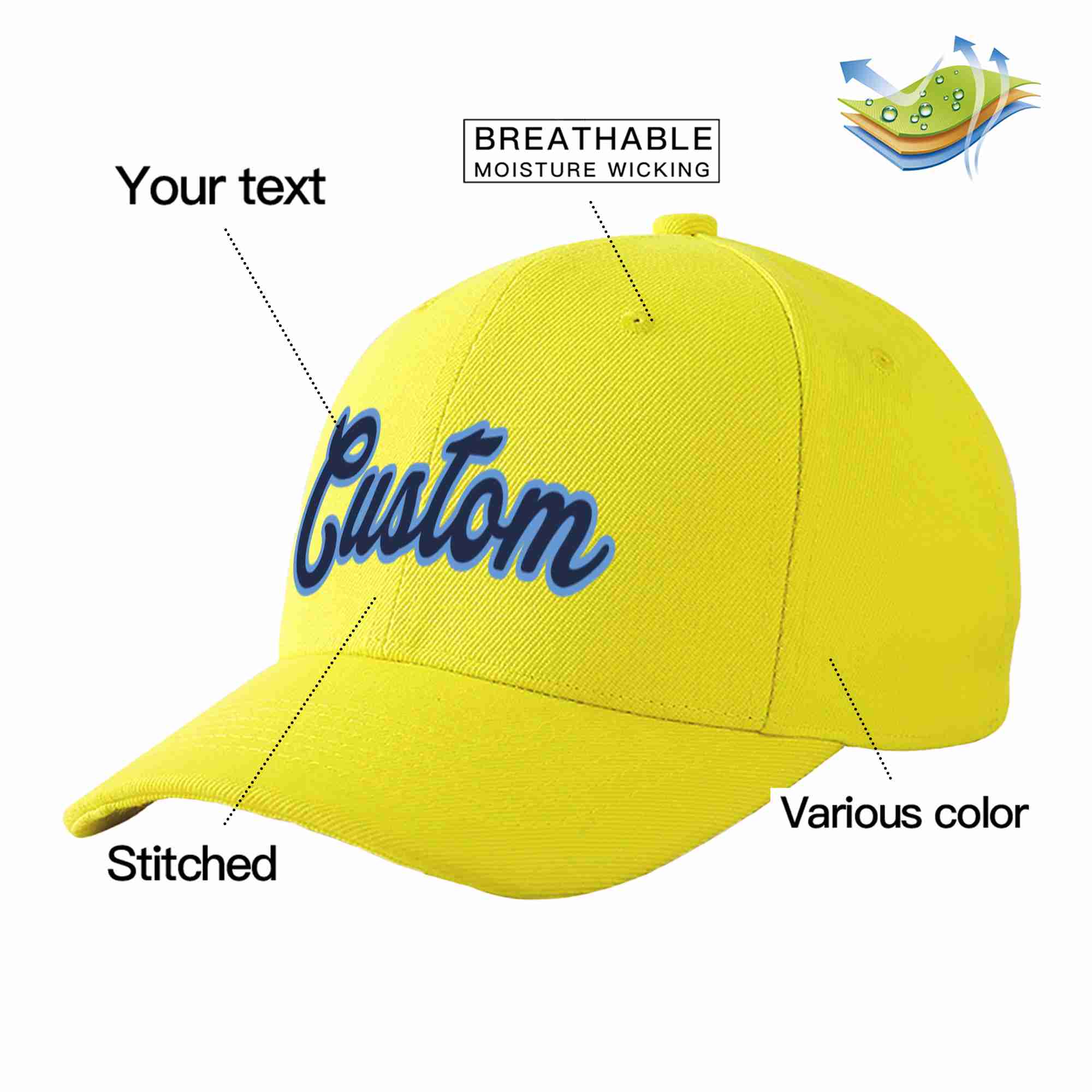 Custom Yellow Navy-Light Blue Curved Eaves Sport Baseball Cap Design for Men/Women/Youth