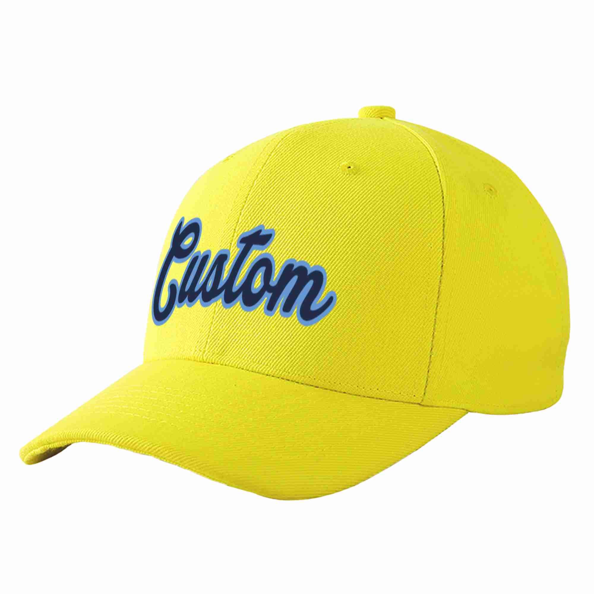 Custom Yellow Navy-Light Blue Curved Eaves Sport Baseball Cap Design for Men/Women/Youth