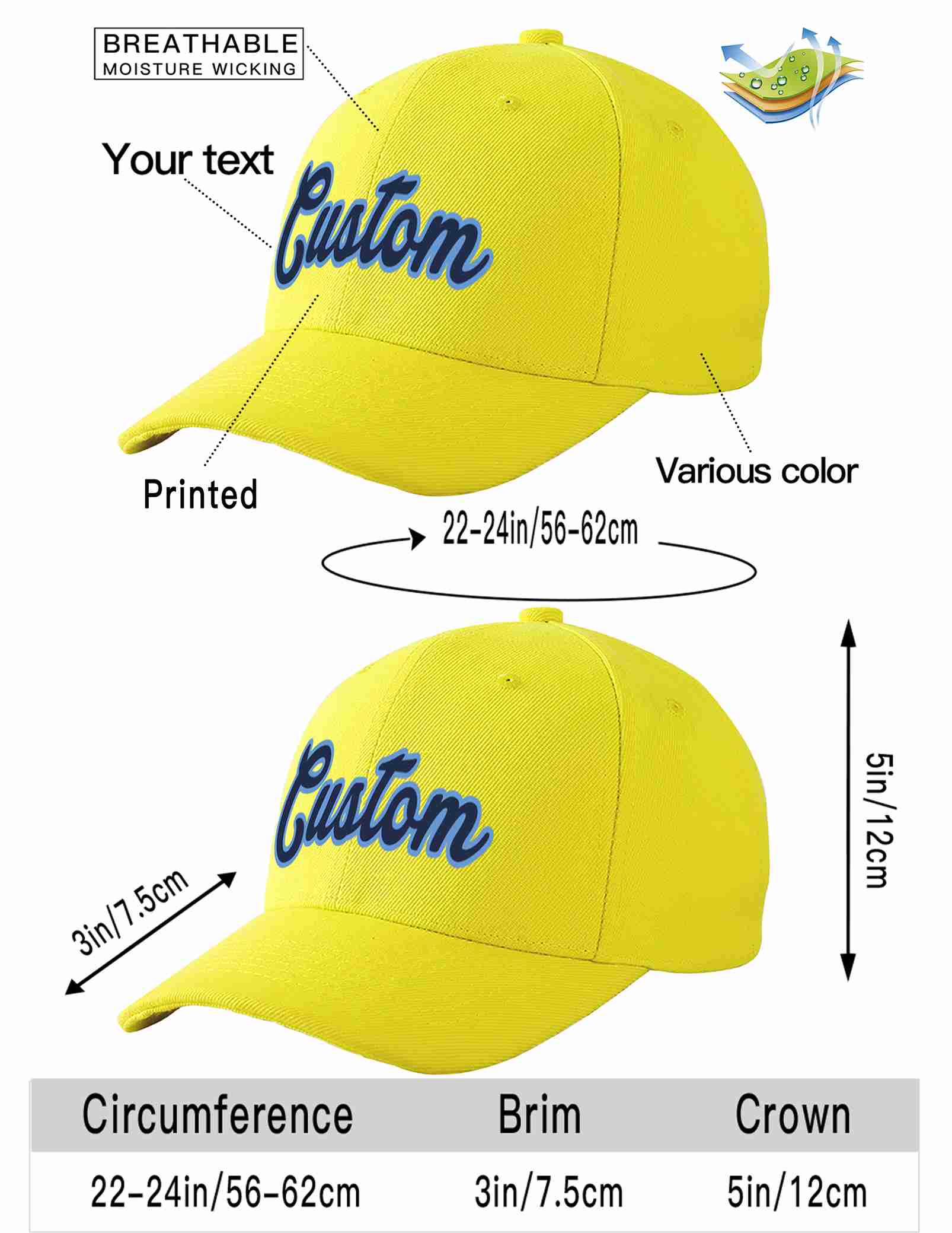 Conception personnalisée de casquette de baseball de sport incurvée jaune marine-bleu clair pour hommes/femmes/jeunes