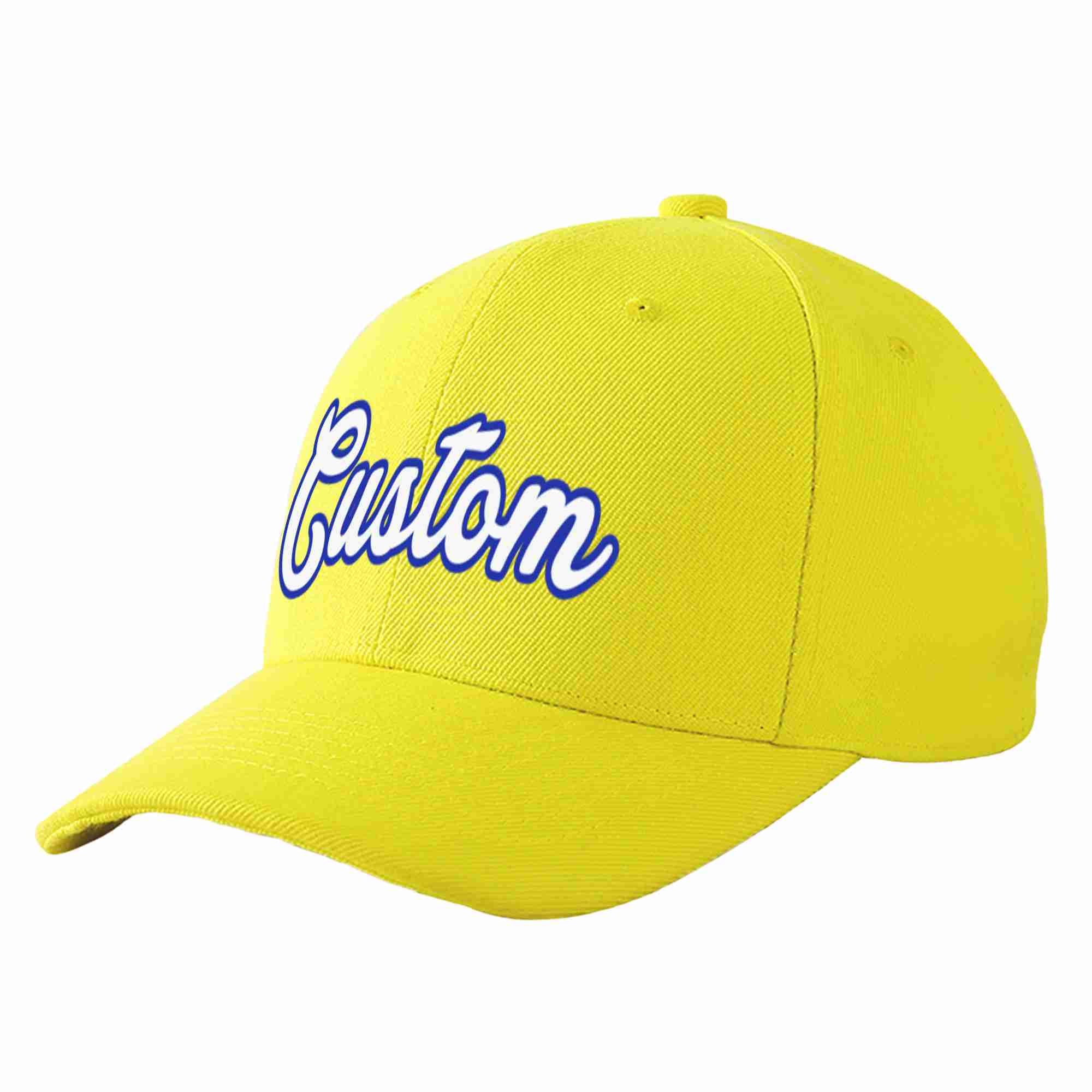 Conception personnalisée de casquette de baseball de sport courbée jaune blanc-royal pour hommes/femmes/jeunes