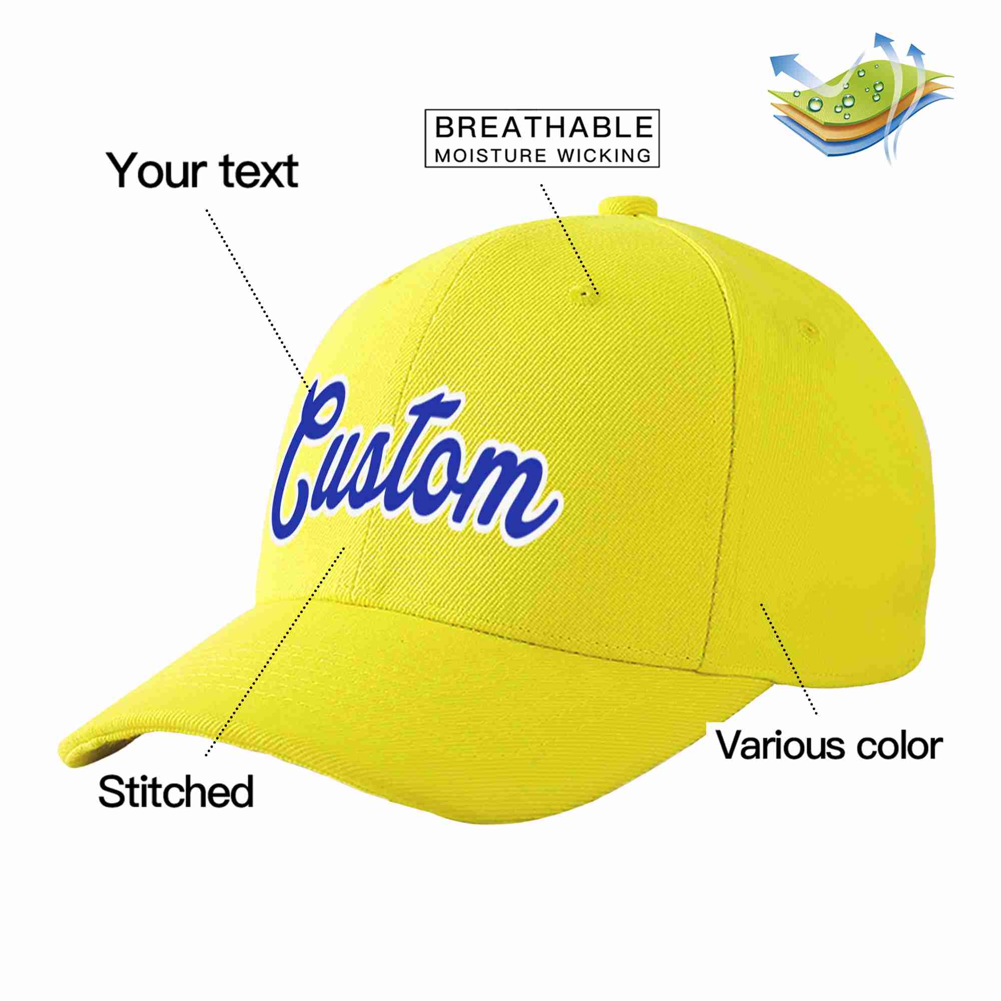 Custom Yellow Royal-White Curved Eaves Sport Baseball Cap Design for Men/Women/Youth