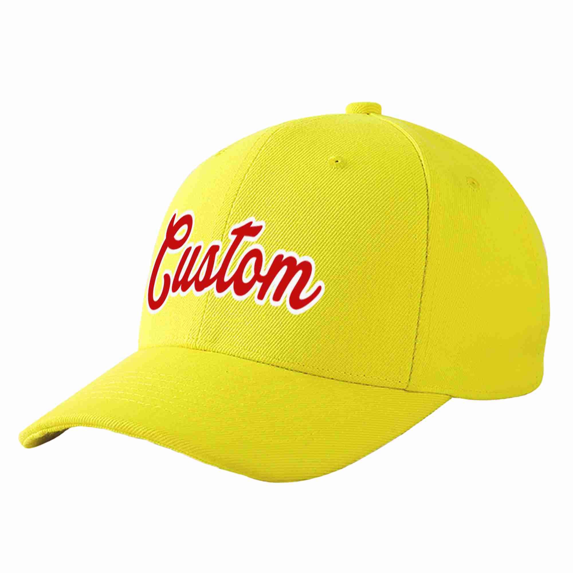 Conception personnalisée de casquette de baseball de sport incurvée jaune rouge-blanc pour hommes/femmes/jeunes