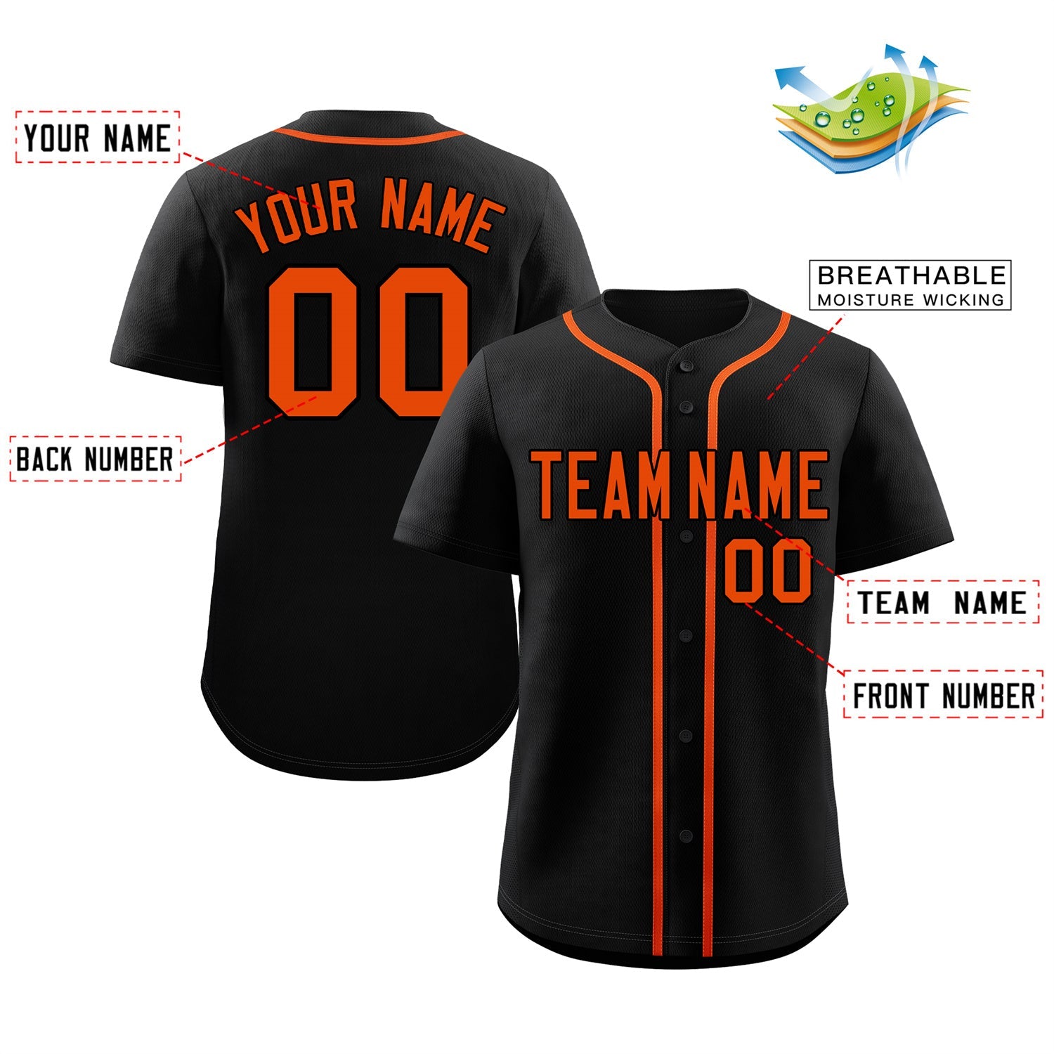 Maillot de baseball authentique de style classique orange noir personnalisé