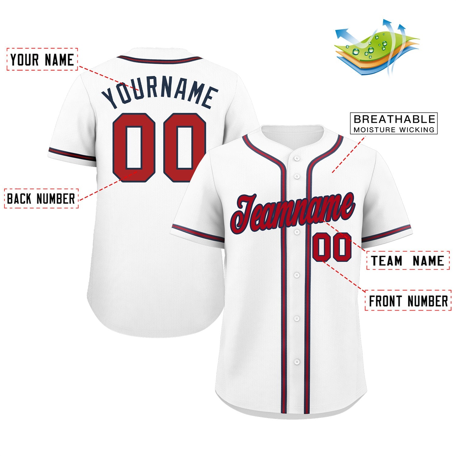 Maillot de baseball authentique de style classique blanc rouge-marine personnalisé