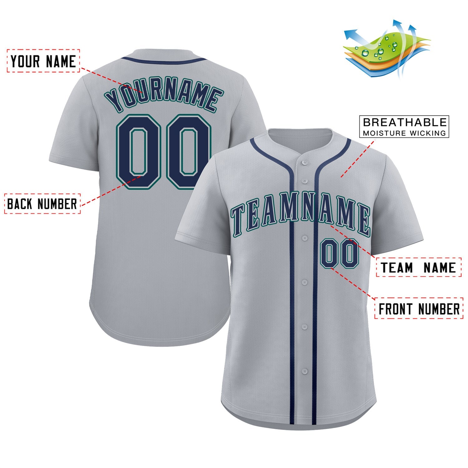 Maillot de baseball authentique de style classique gris marine-aqua personnalisé