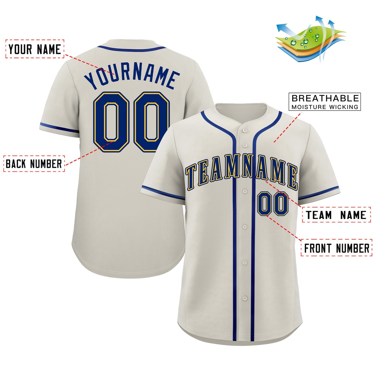 Maillot de baseball authentique de style classique crème Royal-Gold personnalisé