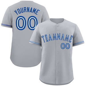 Maillot de baseball authentique de style classique Royal Bull personnalisé gris blanc