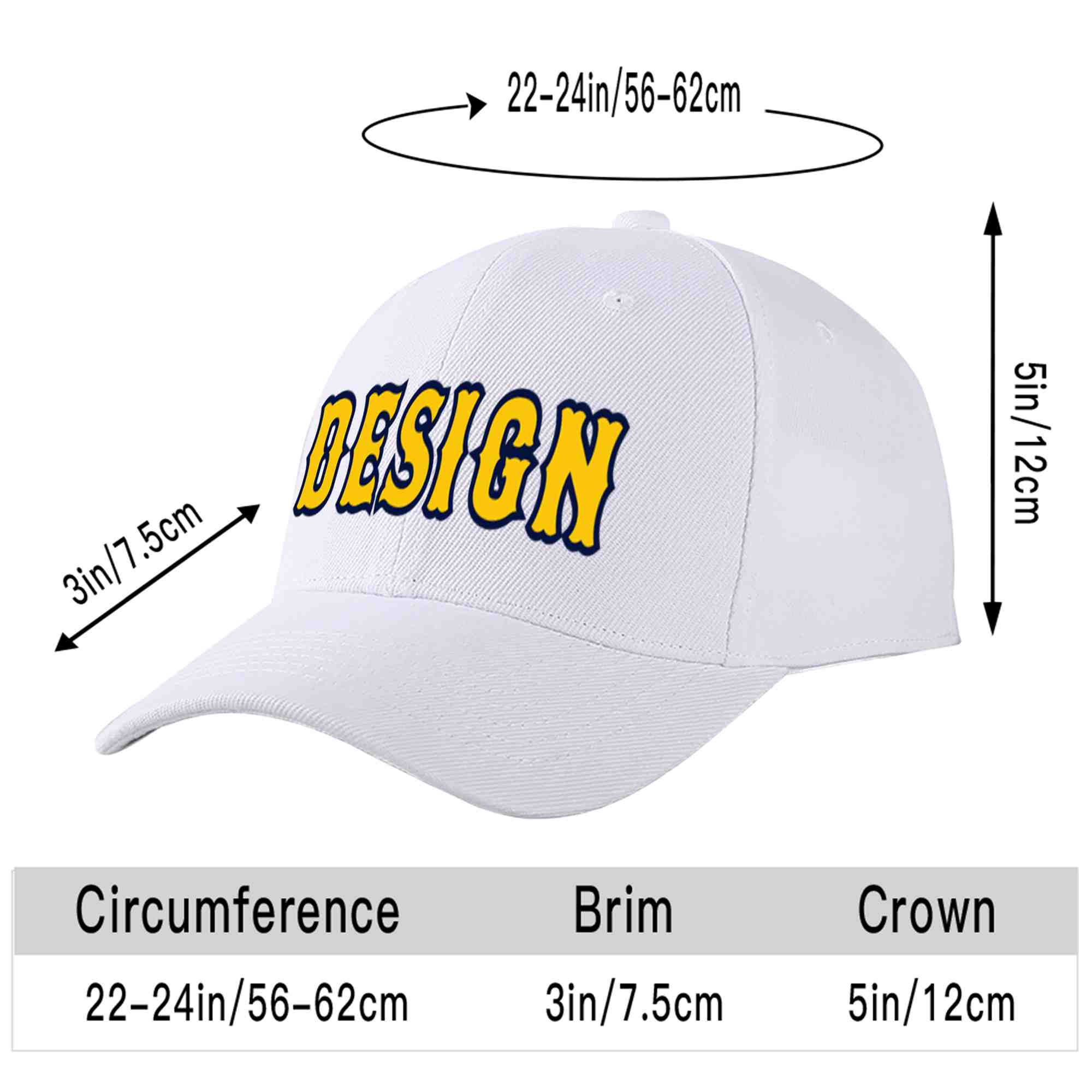 Custom White Yellow-Navy Curved Eaves Sport Design Baseball Cap