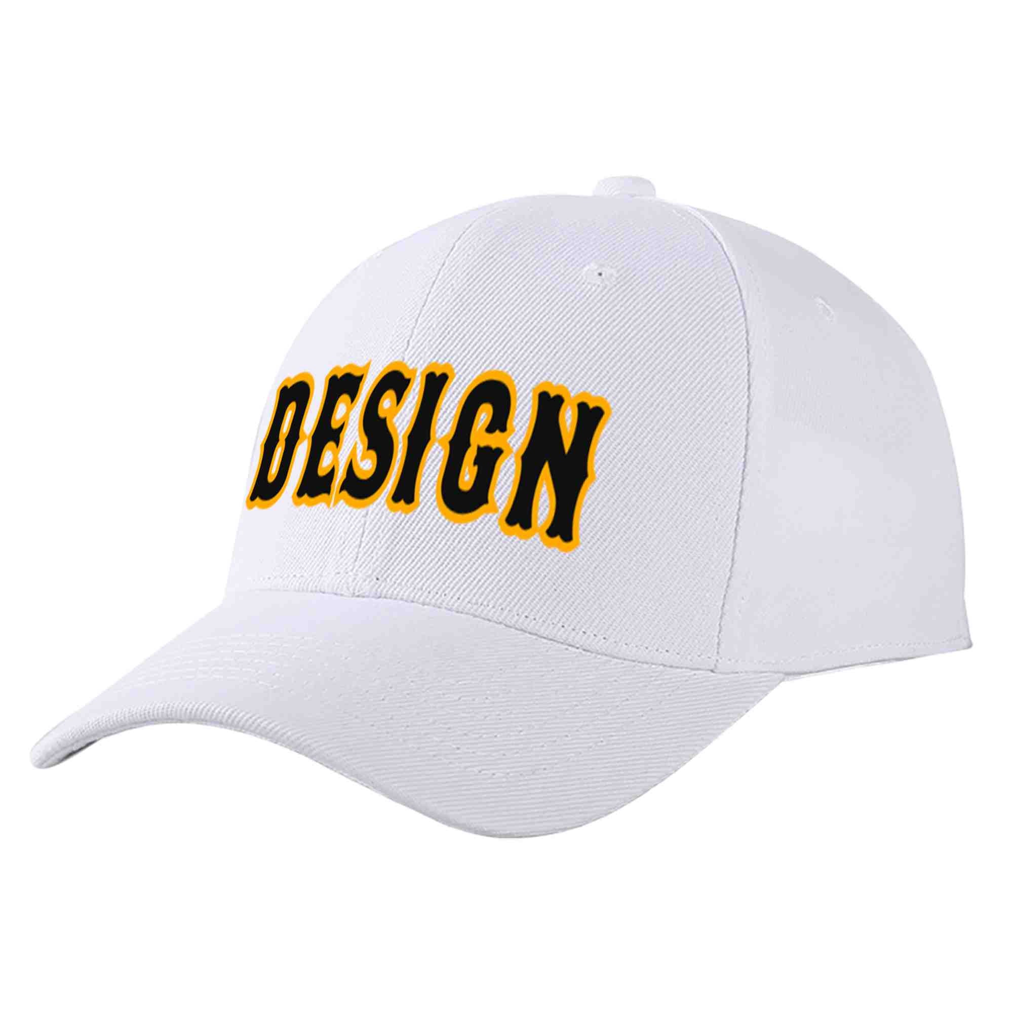 Casquette de baseball personnalisée blanche, noire et jaune, design sportif, avec avant-toit incurvé