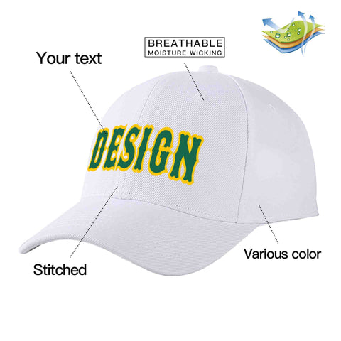 Custom White Kelly Green-Yellow Curved Eaves Sport Design Baseball Cap