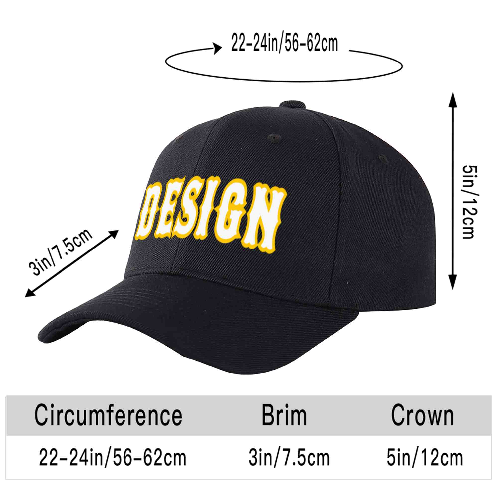 Custom Black White-Gold Curved Eaves Sport Design Baseball Cap