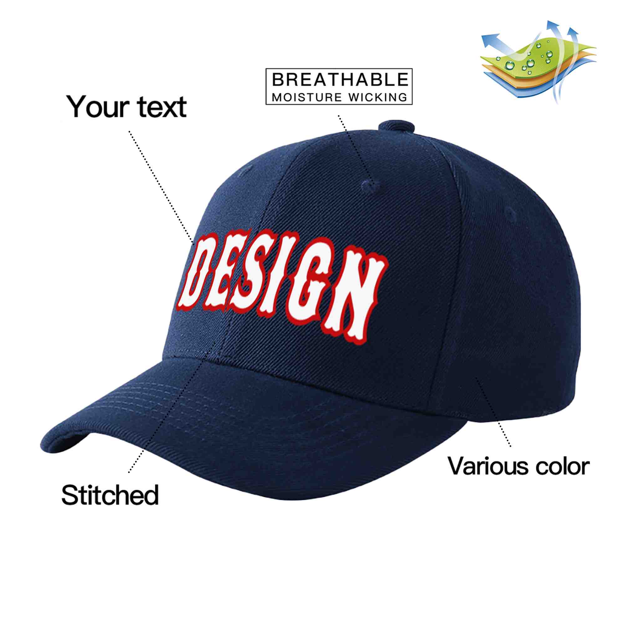 Casquette de baseball personnalisée bleu marine blanc-rouge avec avant-toit incurvé