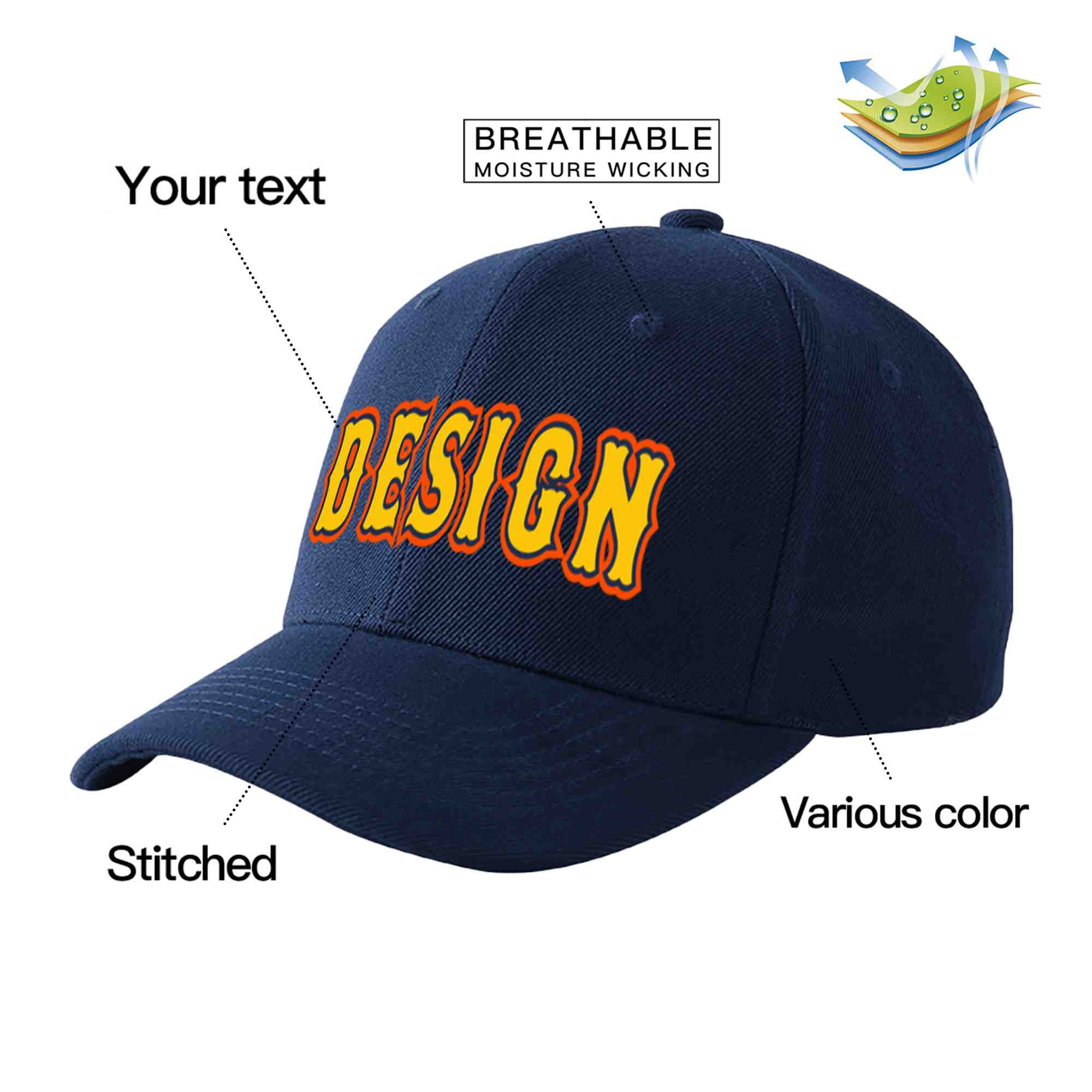 Casquette de baseball courbée personnalisée avec avant-toit et design sportif, bleu marine, or-marine