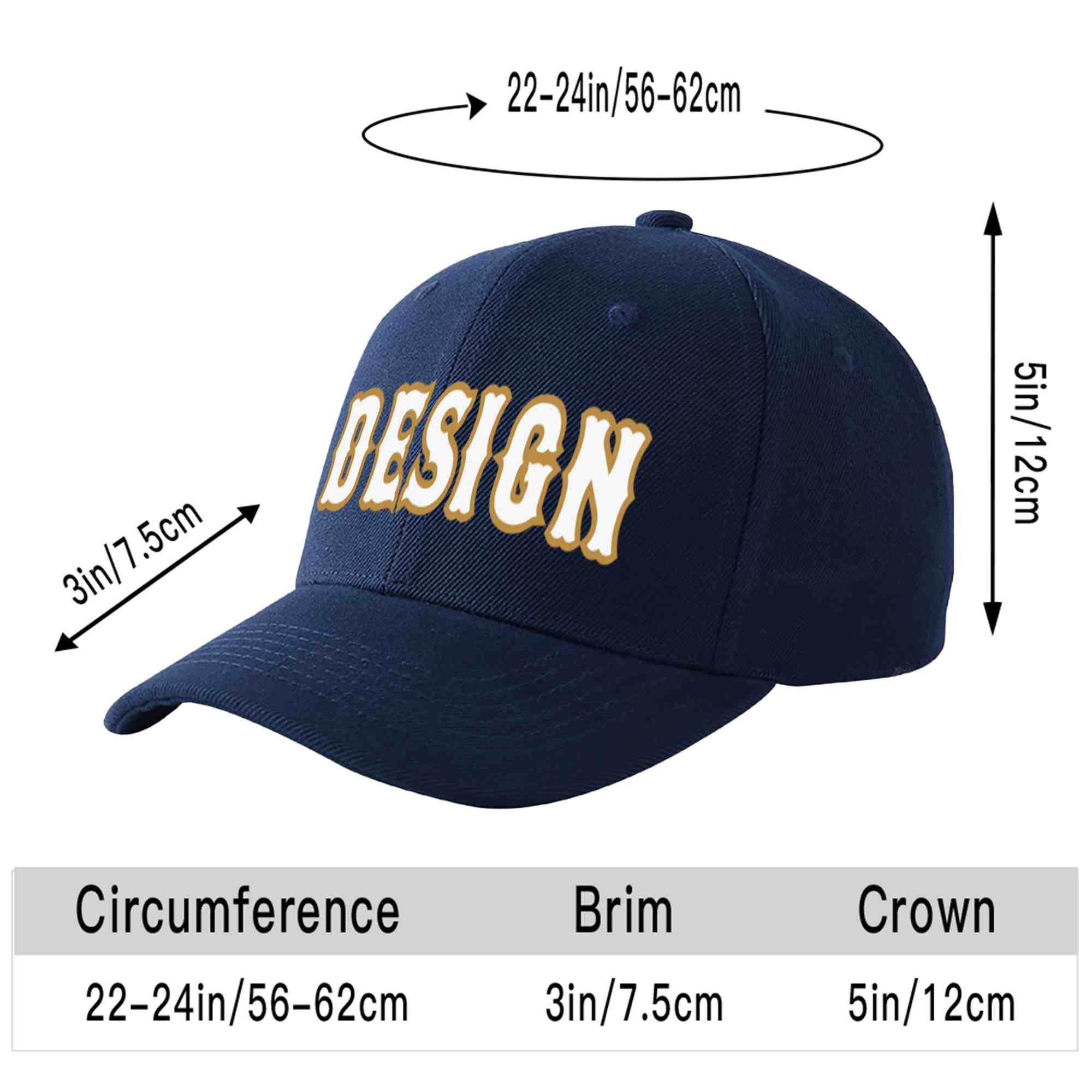 Casquette de baseball personnalisée bleu marine-vieil or incurvée avec avant-toit et design sportif